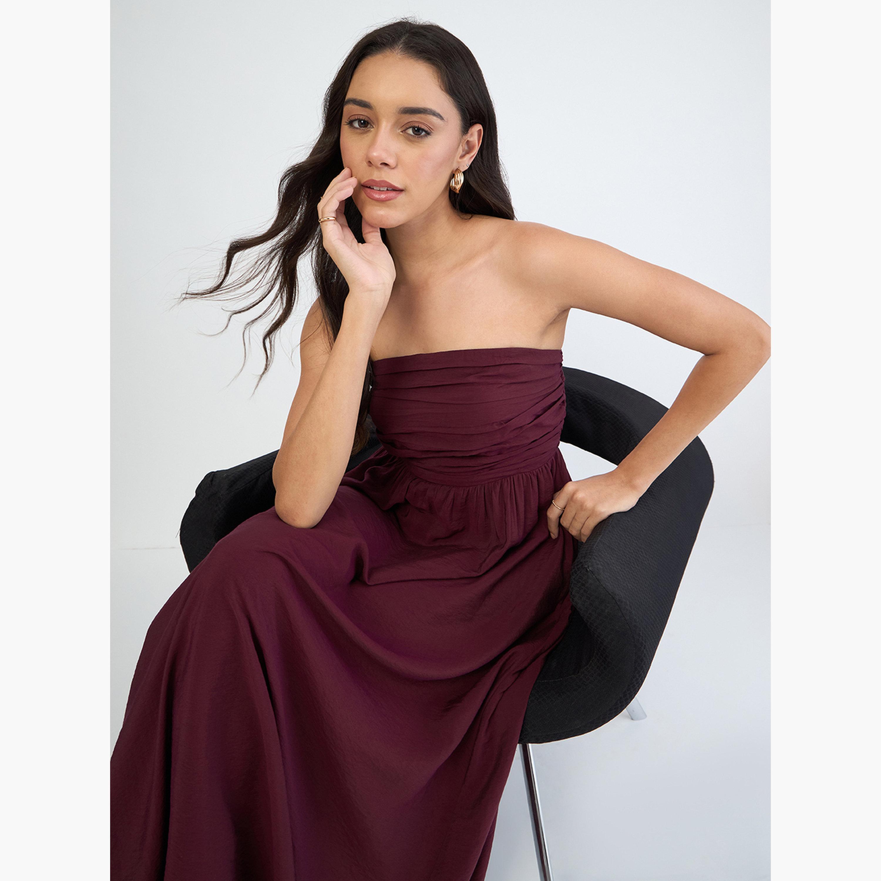 Femmella Women Burgundy Off Shoulder Ruched Detail Maxi Dress-women-clothing-dresses-image-2