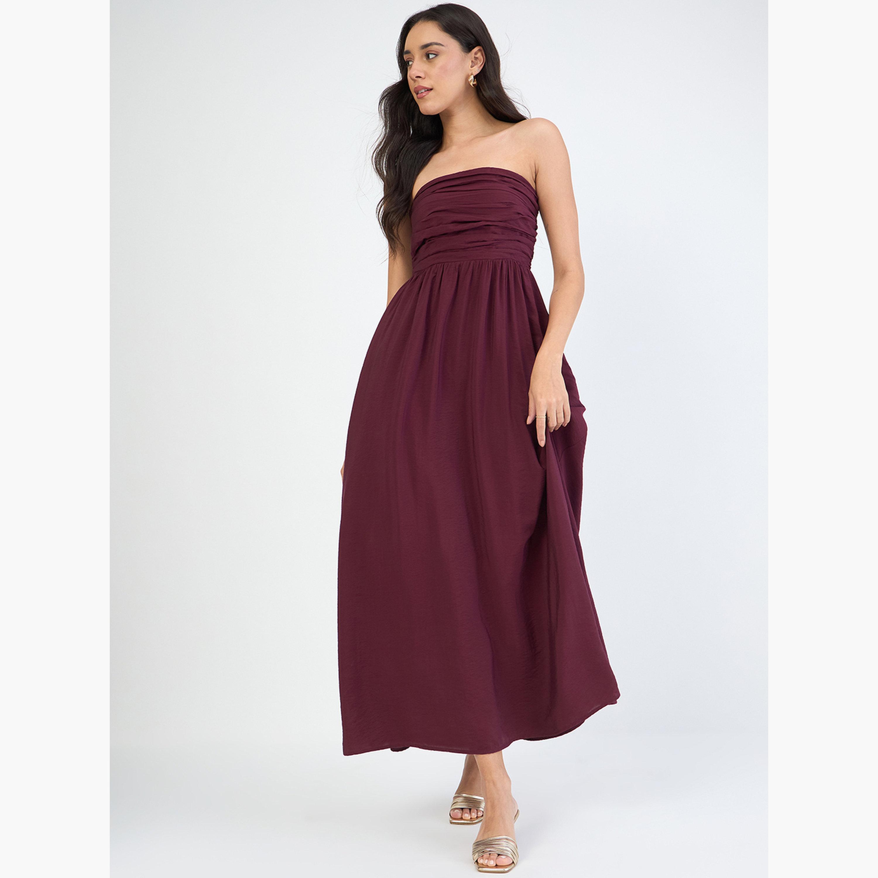 Femmella Women Burgundy Off Shoulder Ruched Detail Maxi Dress-women-clothing-dresses-image-3