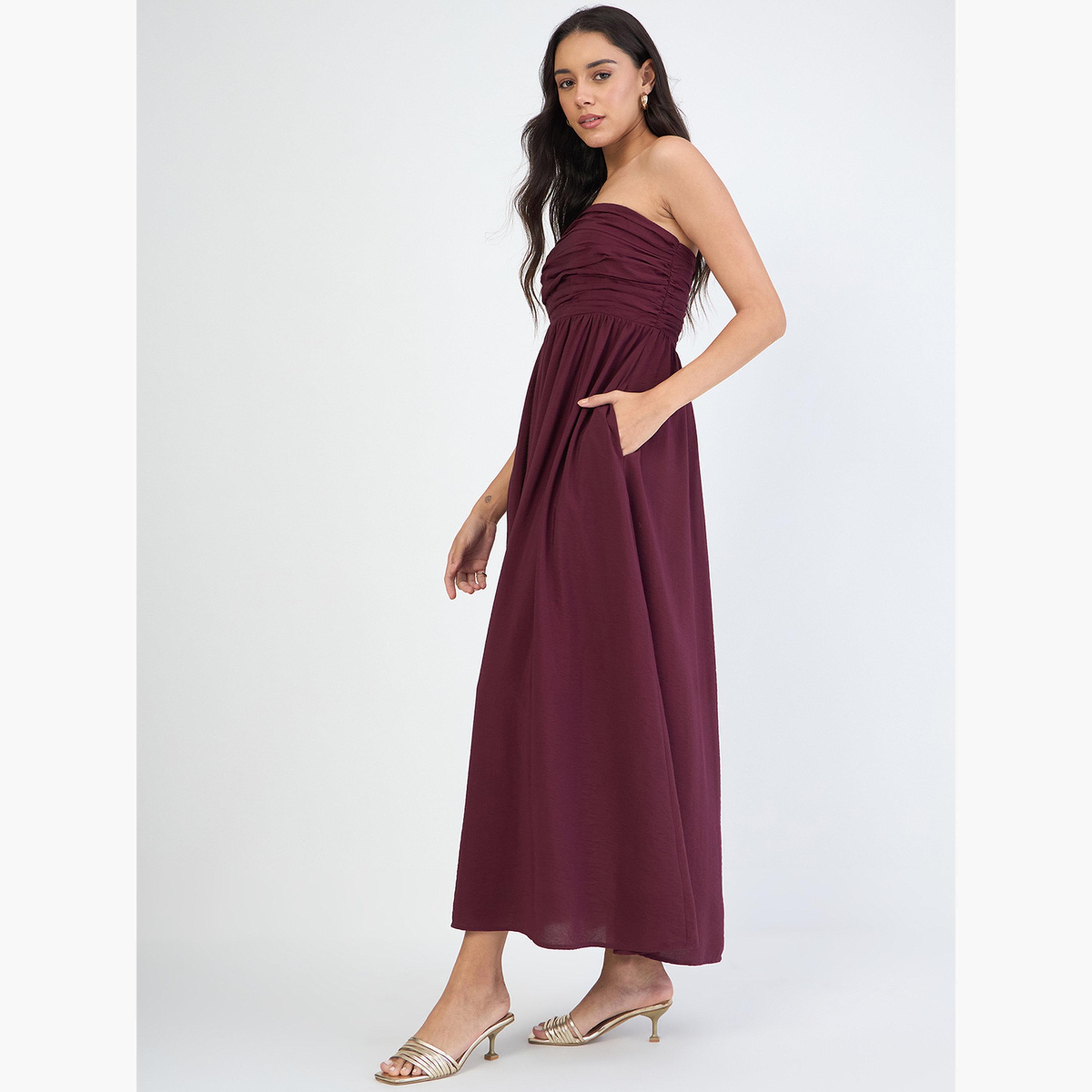 Femmella Women Burgundy Off Shoulder Ruched Detail Maxi Dress-women-clothing-dresses-image-4