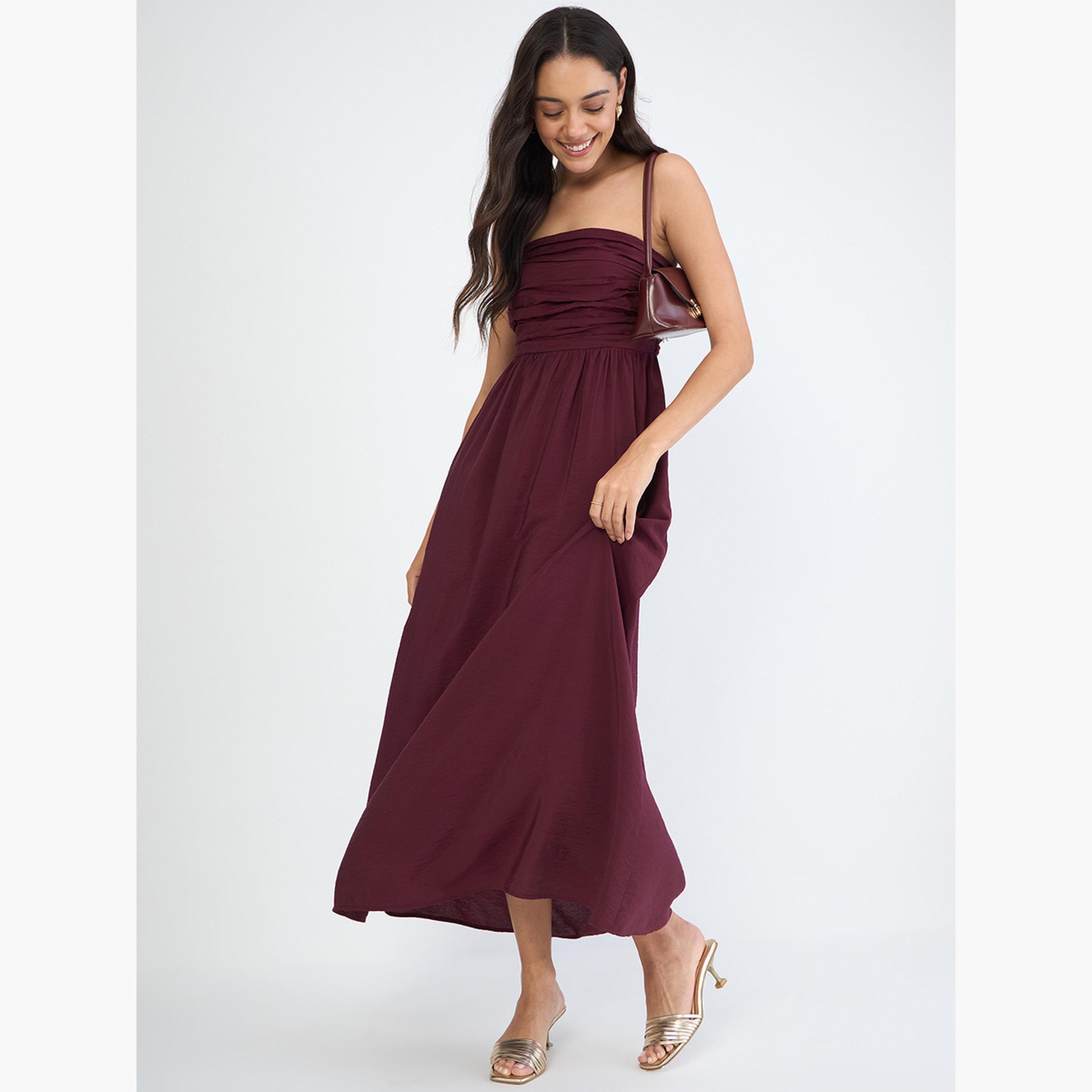 Femmella Women Burgundy Off Shoulder Ruched Detail Maxi Dress-women-clothing-dresses-image-5