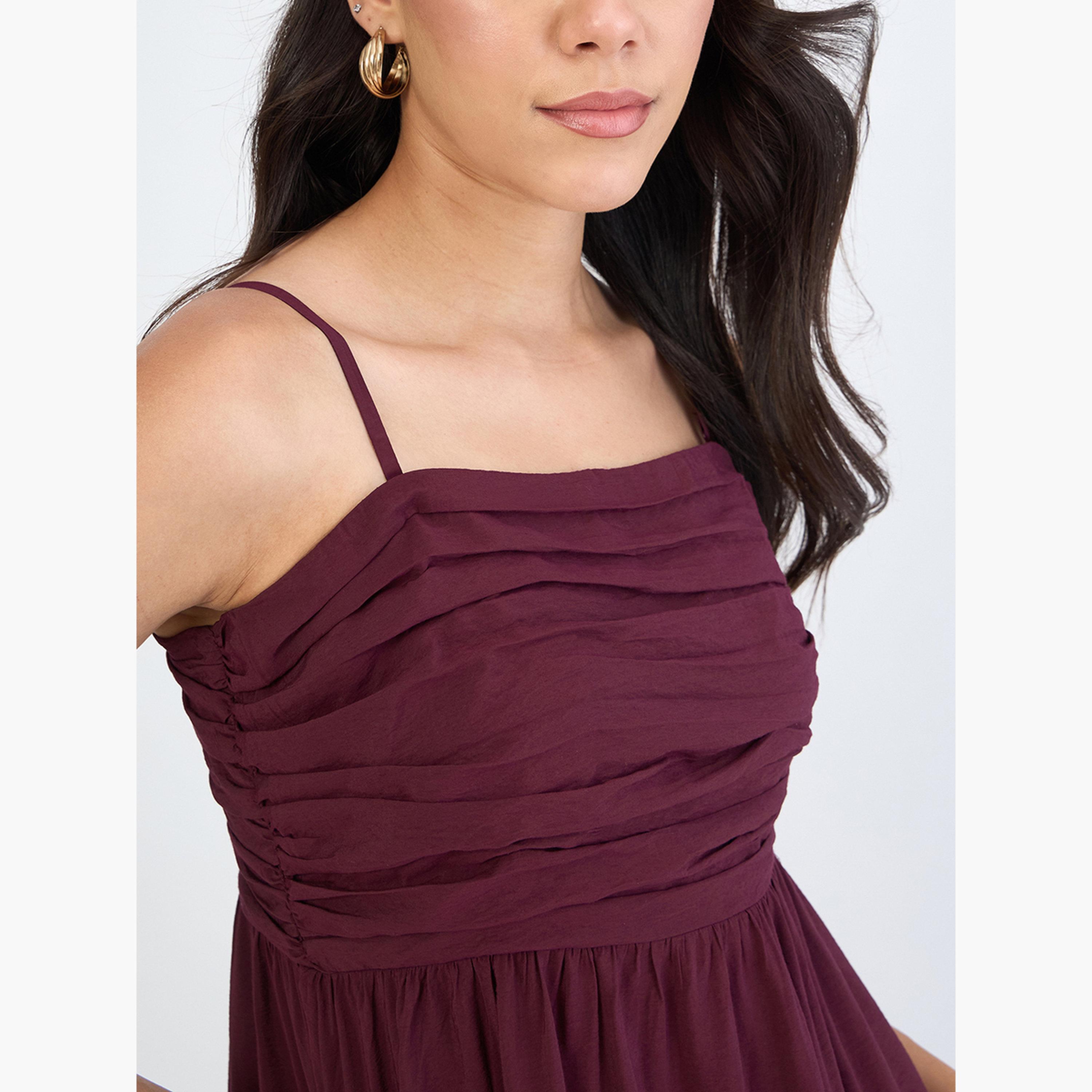 Femmella Women Burgundy Off Shoulder Ruched Detail Maxi Dress-women-clothing-dresses-image-6