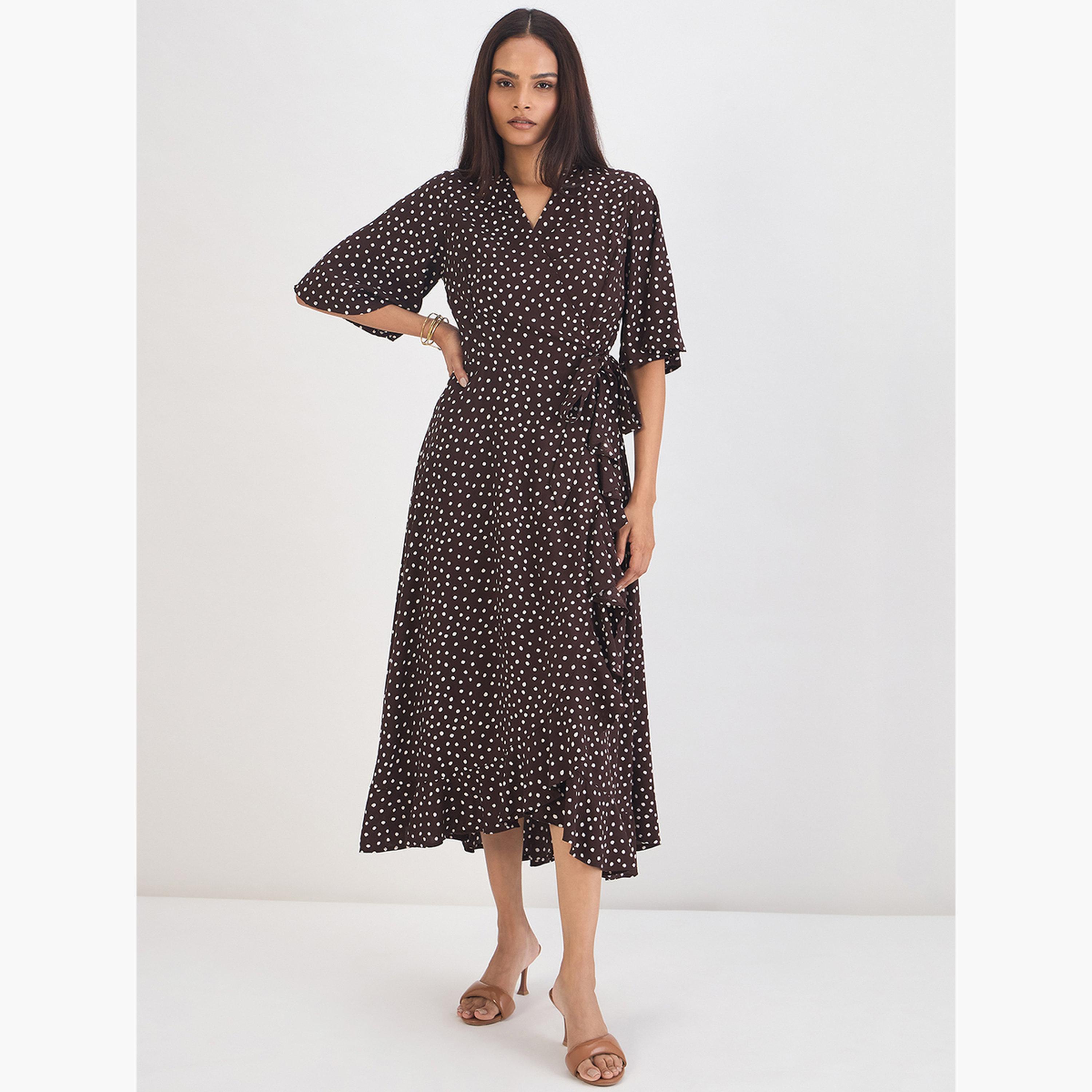 Femmella Women Brown Polka Dot Wrap Midi Dress-women-clothing-dresses-image-1