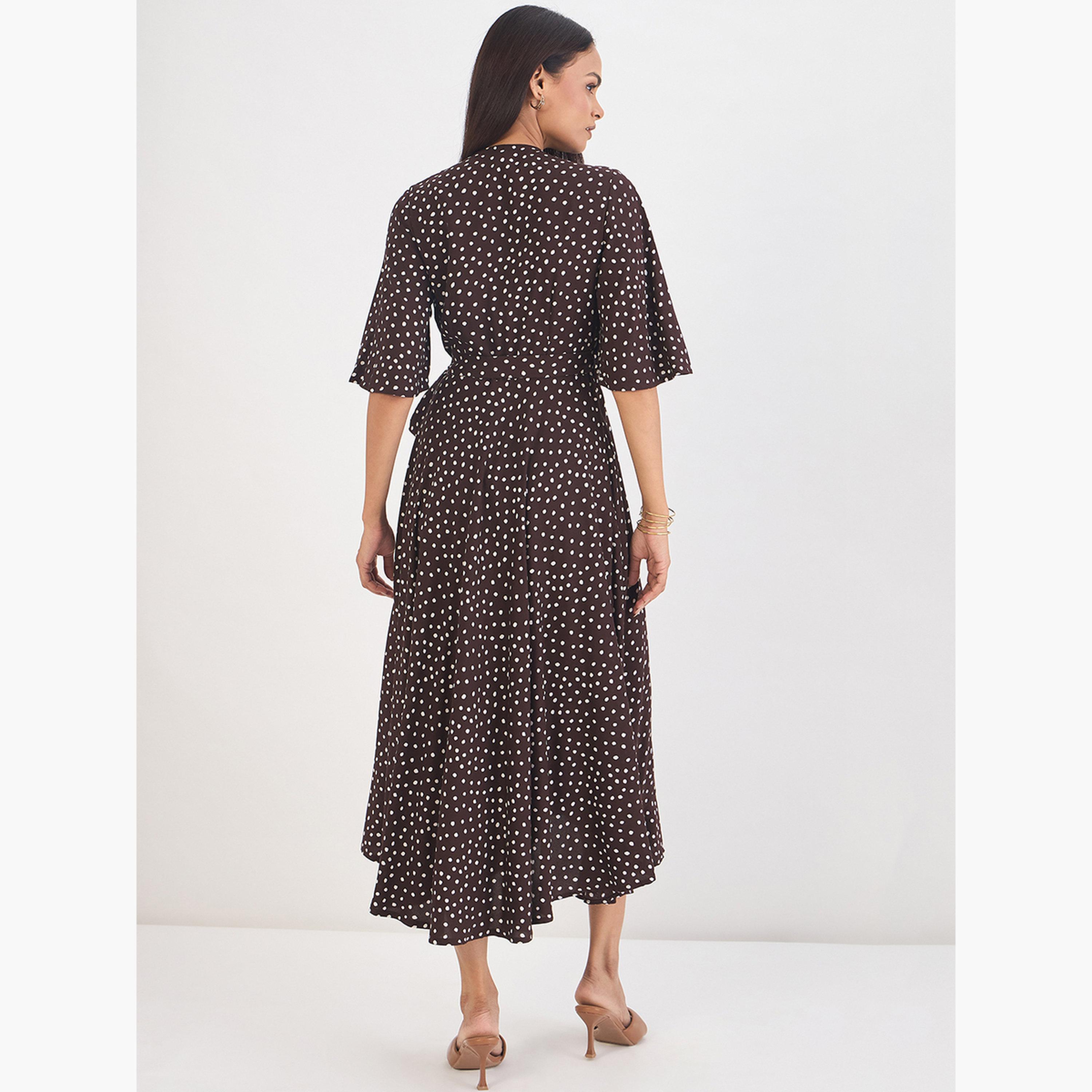 Femmella Women Brown Polka Dot Wrap Midi Dress-women-clothing-dresses-image-2