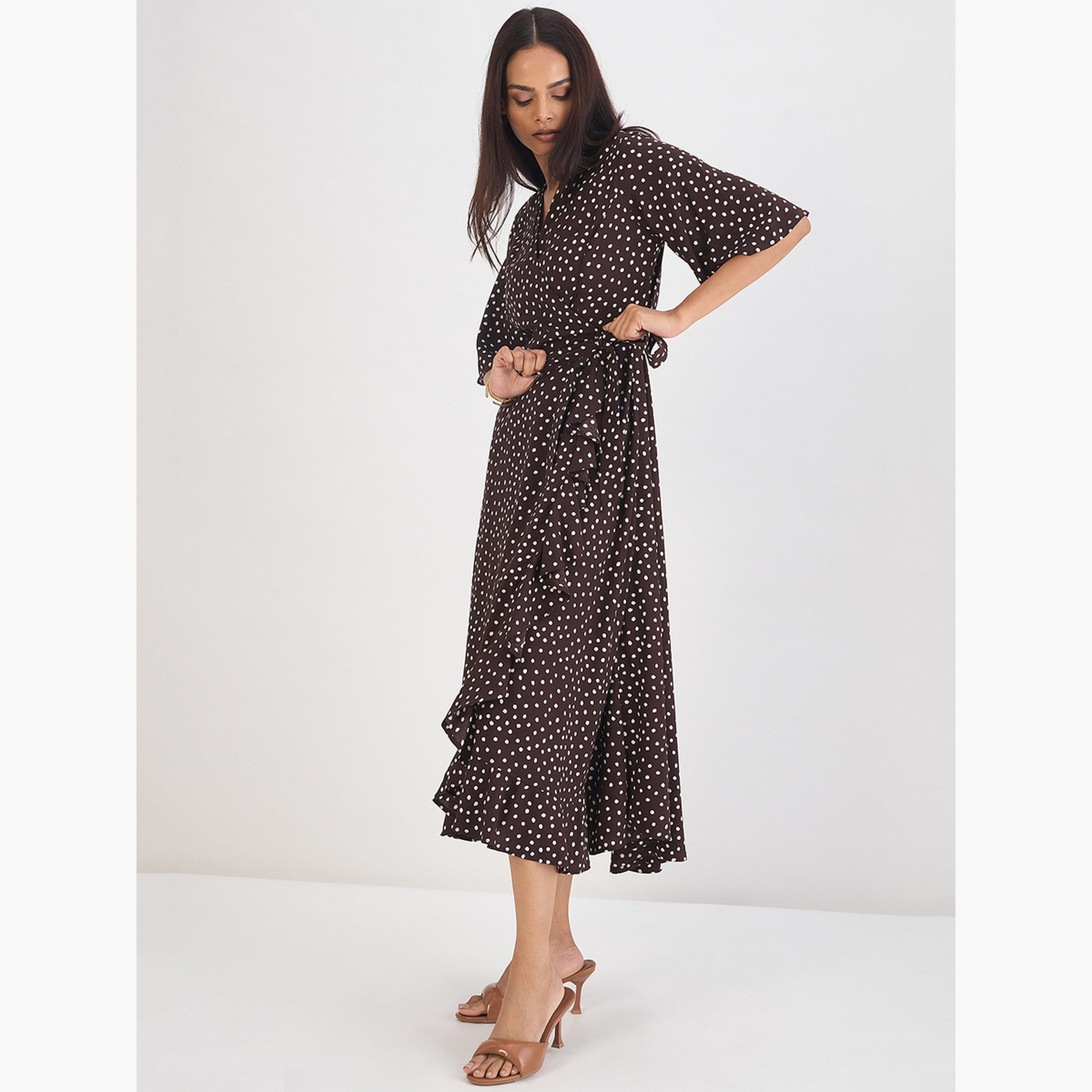 Femmella Women Brown Polka Dot Wrap Midi Dress-women-clothing-dresses-image-3