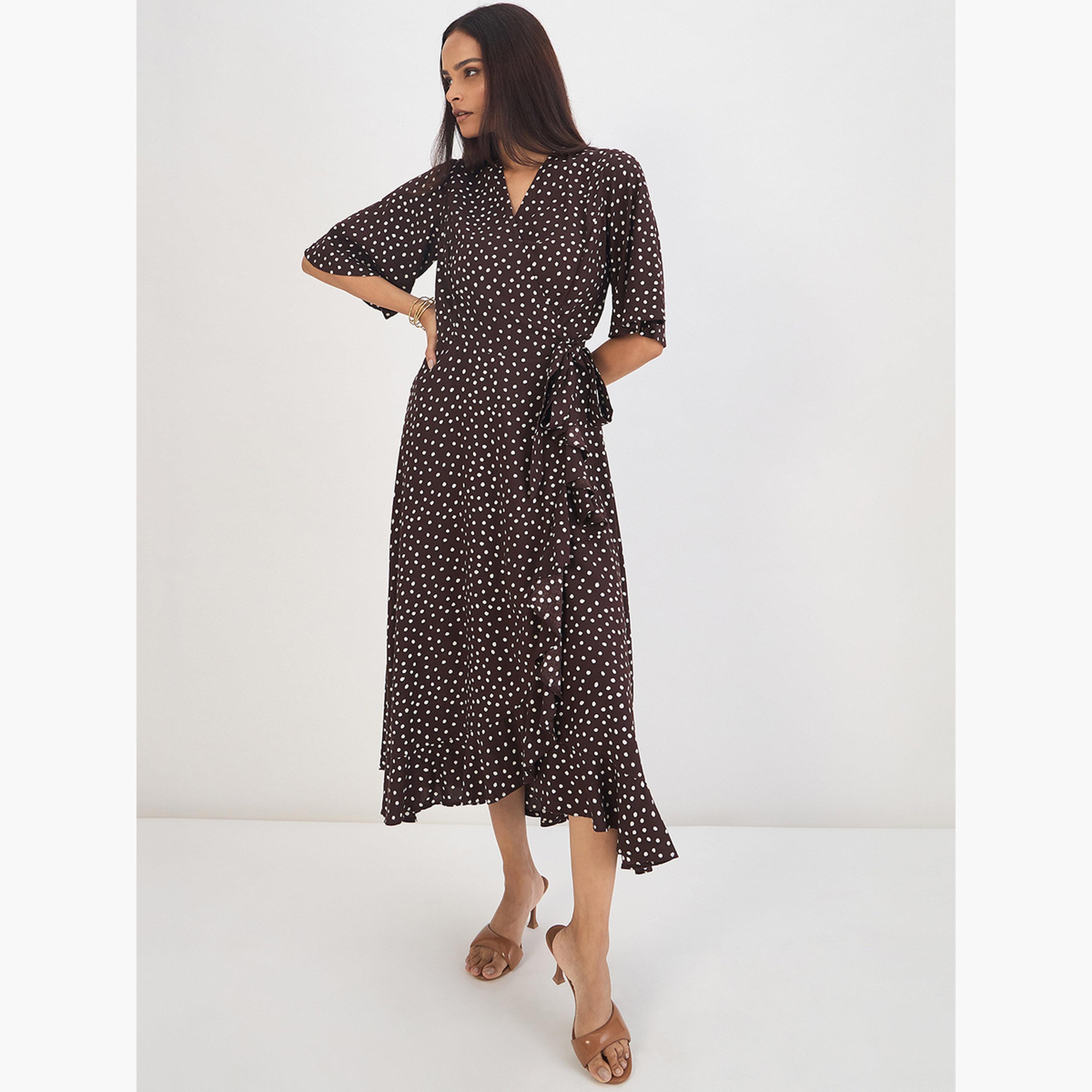 Femmella Women Brown Polka Dot Wrap Midi Dress-women-clothing-dresses-image-5
