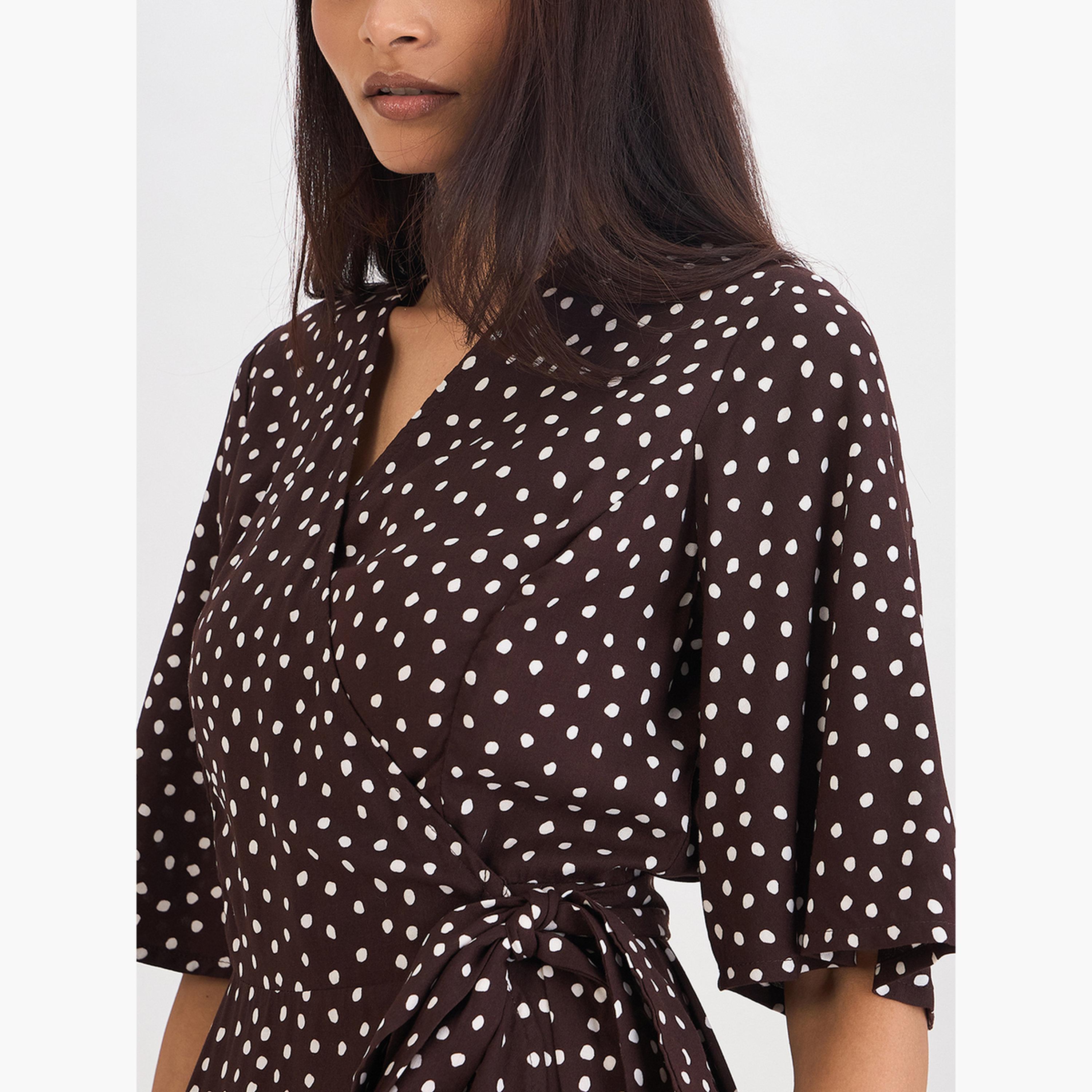 Femmella Women Brown Polka Dot Wrap Midi Dress-women-clothing-dresses-image-6
