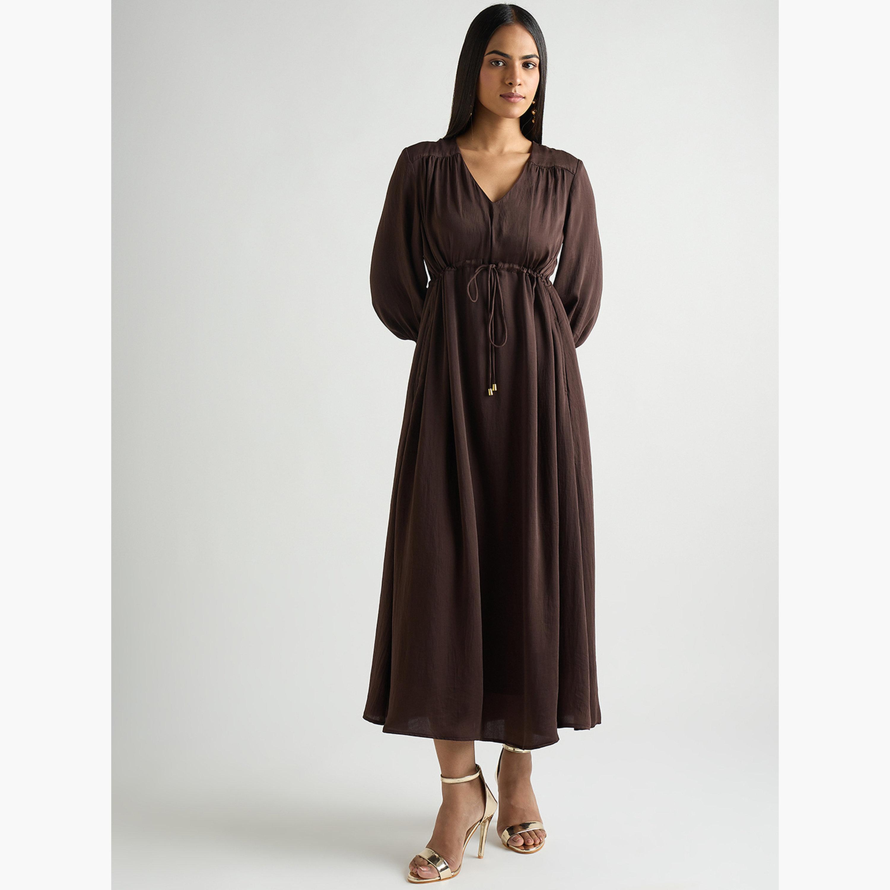 Femmella Women Coffee Brown Satin Ruched Waist Midi Dress-women-clothing-dresses-image-1