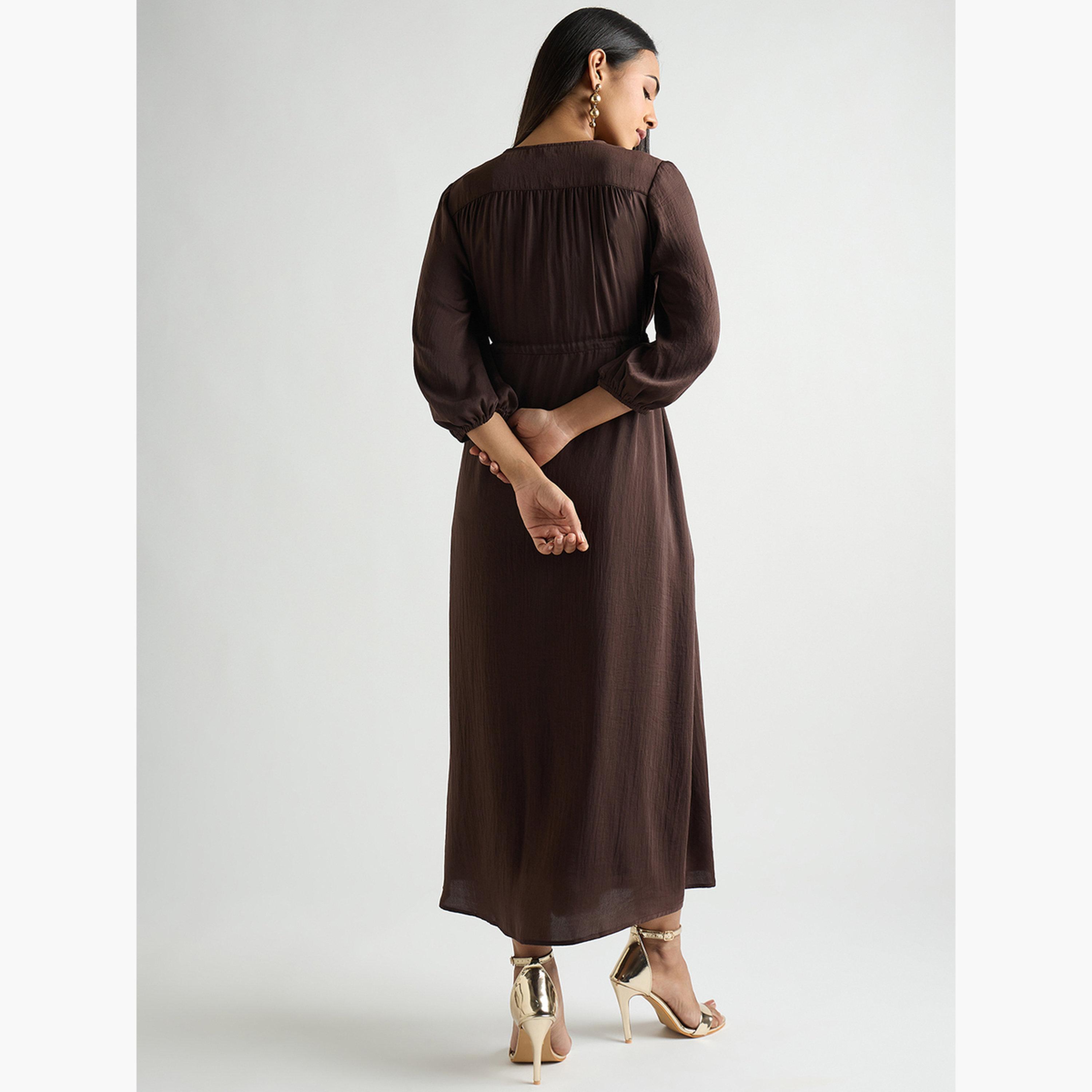 Femmella Women Coffee Brown Satin Ruched Waist Midi Dress-women-clothing-dresses-image-2