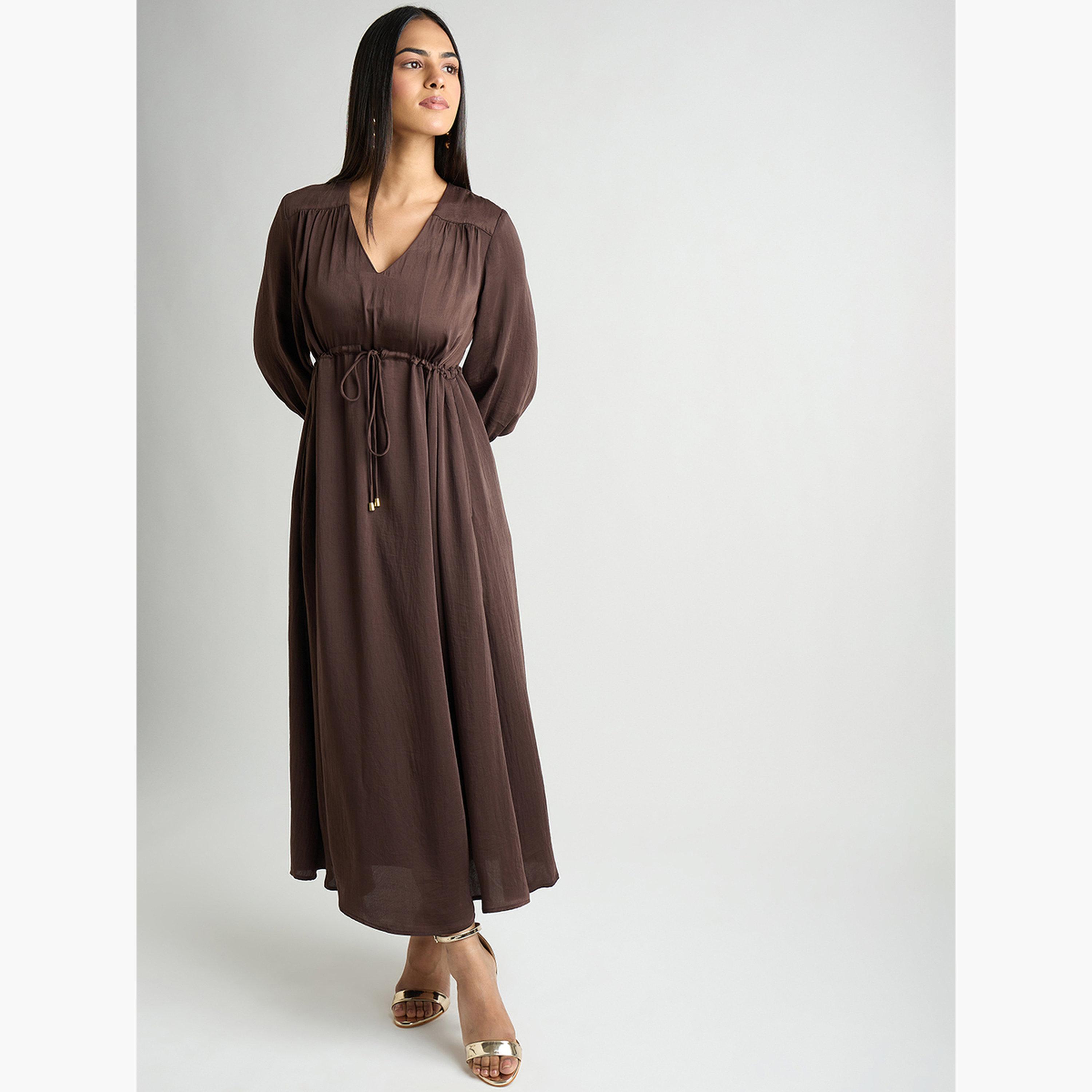 Femmella Women Coffee Brown Satin Ruched Waist Midi Dress-women-clothing-dresses-image-4