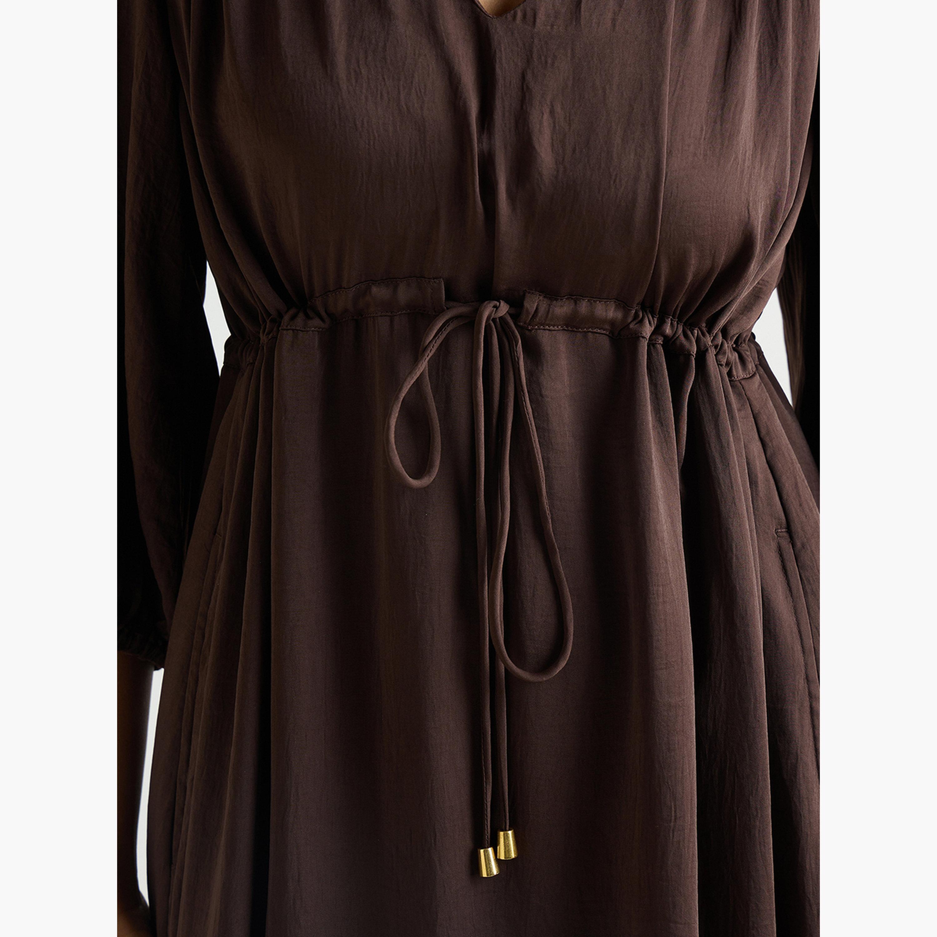 Femmella Women Coffee Brown Satin Ruched Waist Midi Dress-women-clothing-dresses-image-5