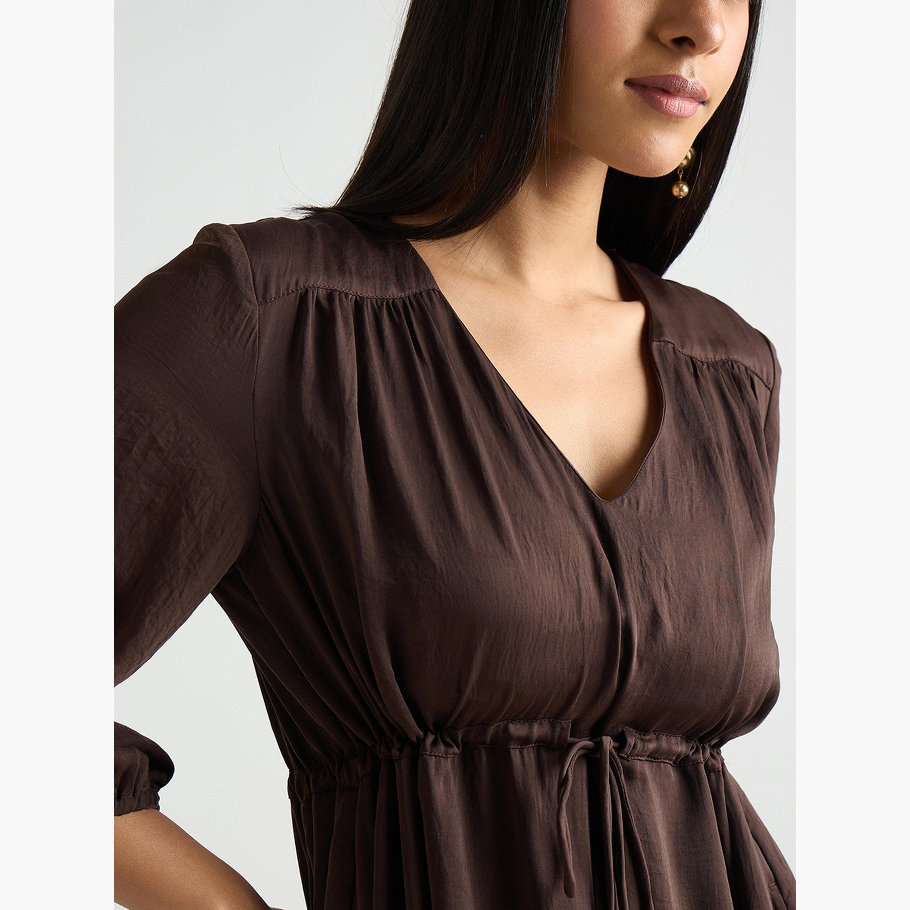 Femmella Women Coffee Brown Satin Ruched Waist Midi Dress-women-clothing-dresses-image-6