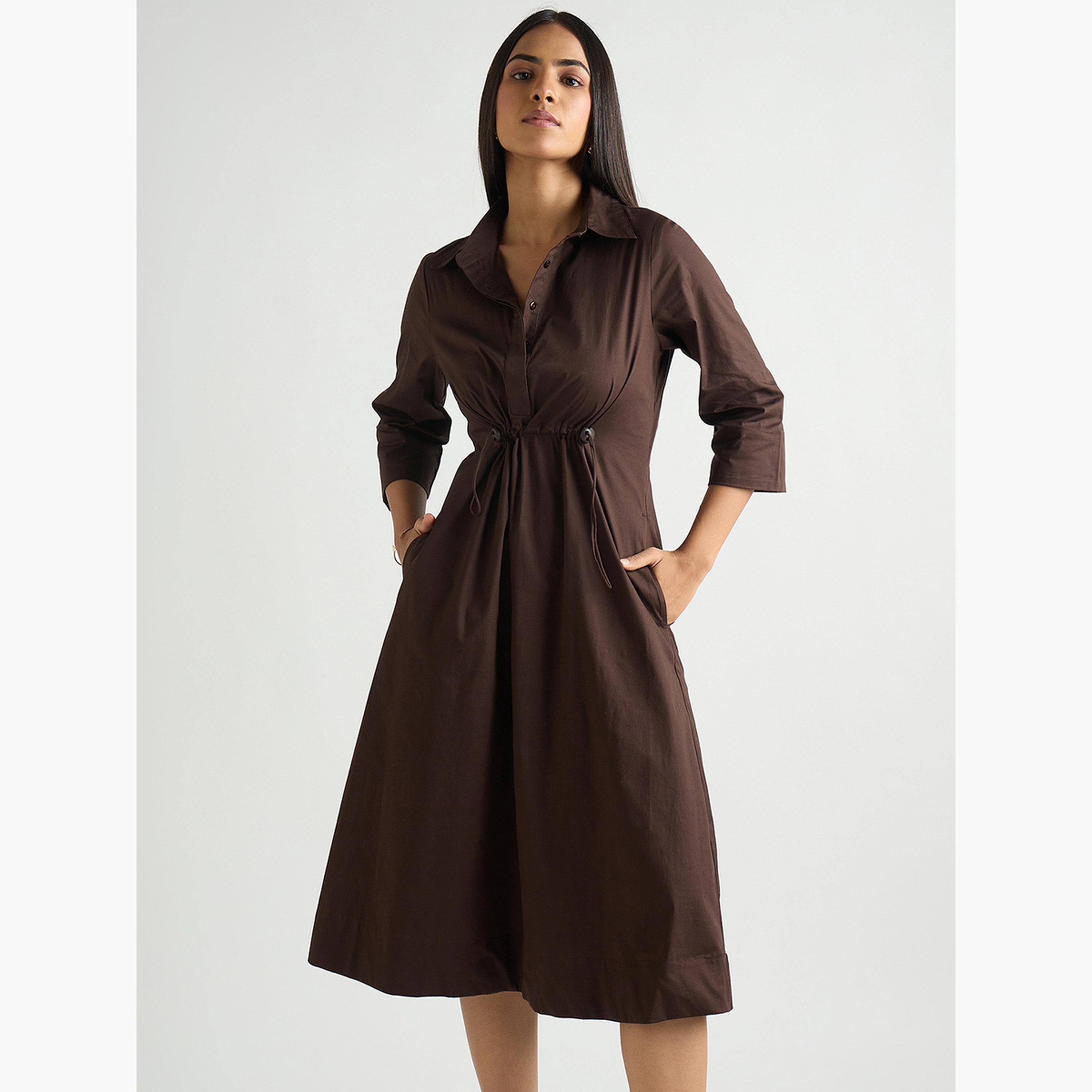Femmella Women Coffee Brown Poplin Cinched Waist Midi Dress-women-clothing-dresses-image-1
