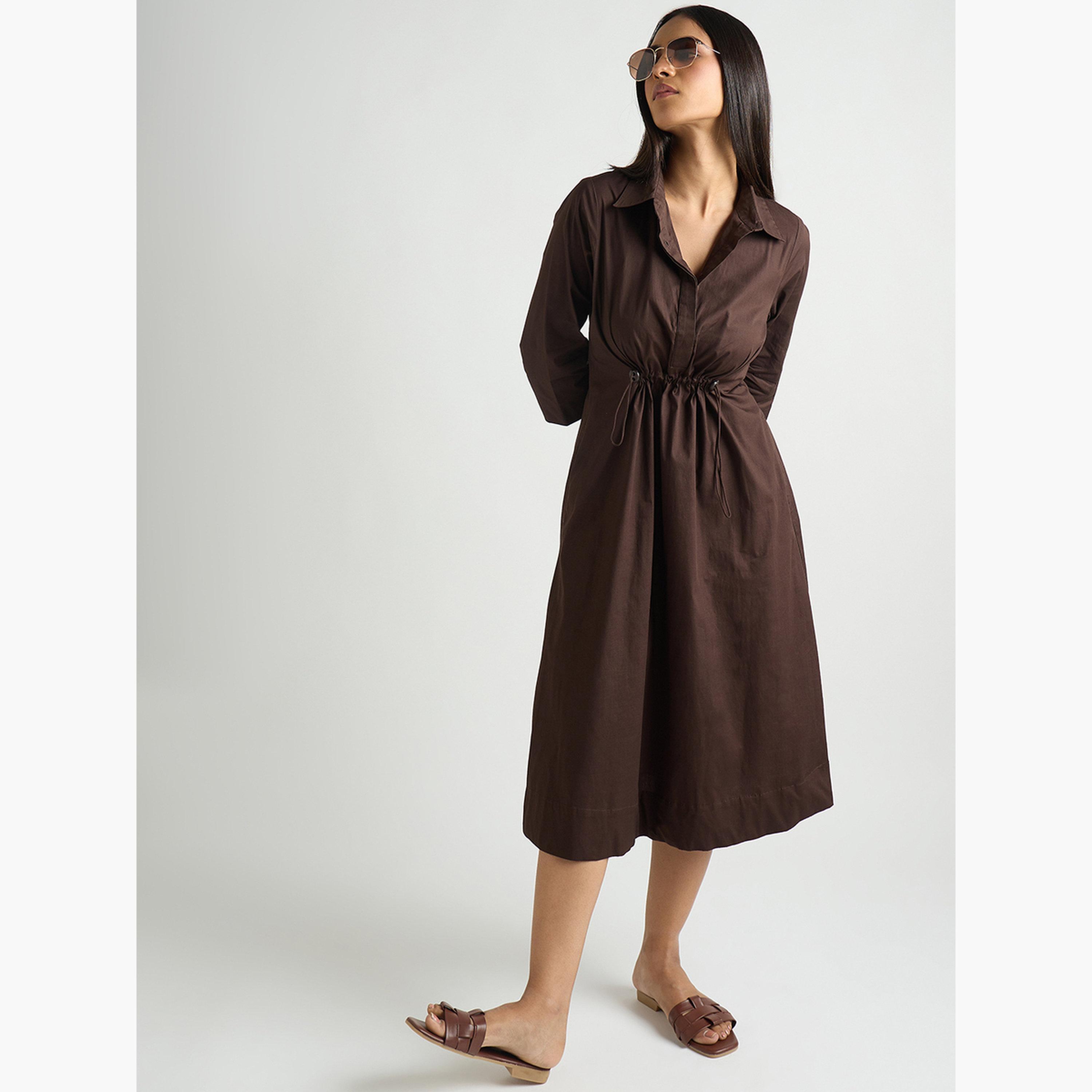 Femmella Women Coffee Brown Poplin Cinched Waist Midi Dress-women-clothing-dresses-image-2