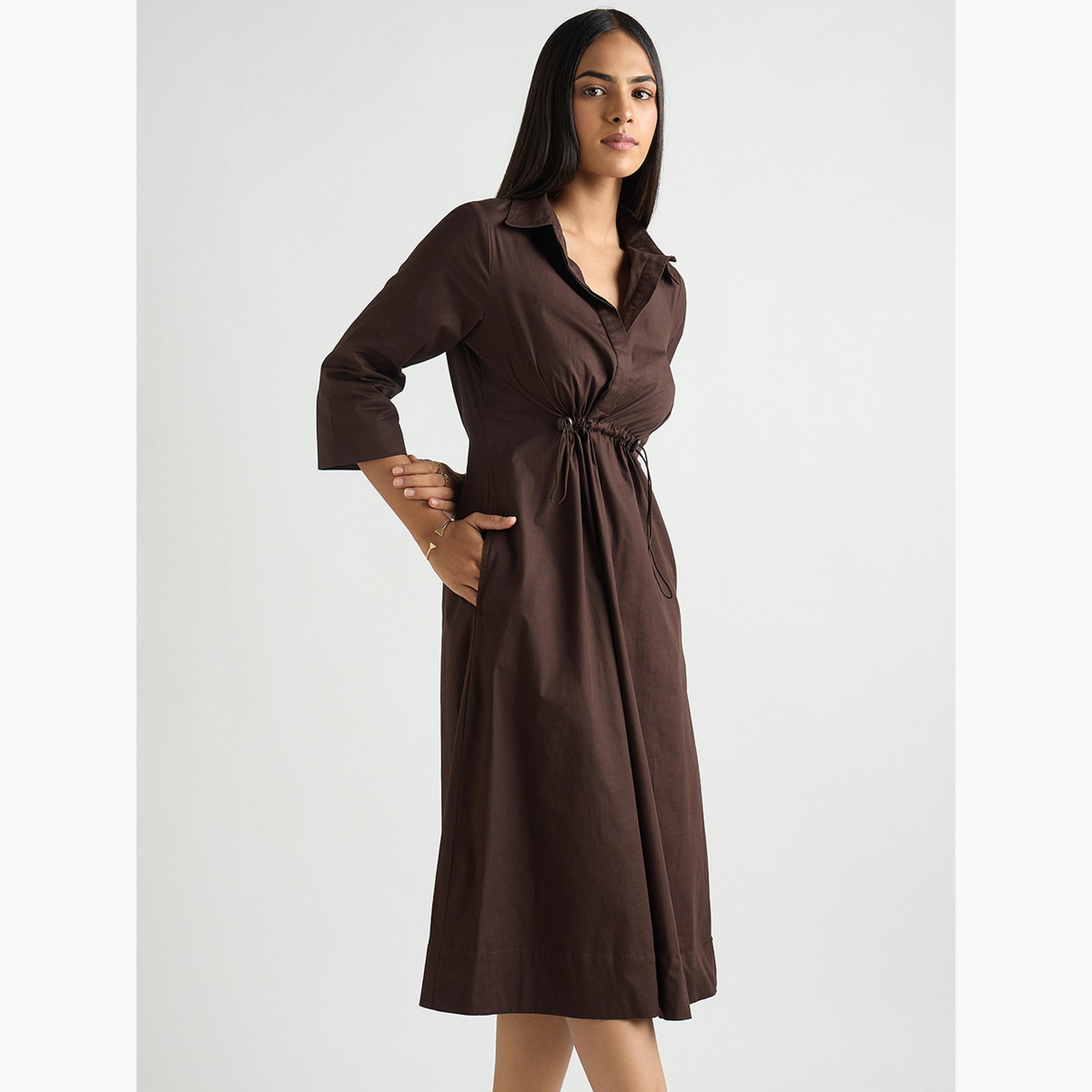 Femmella Women Coffee Brown Poplin Cinched Waist Midi Dress-women-clothing-dresses-image-3