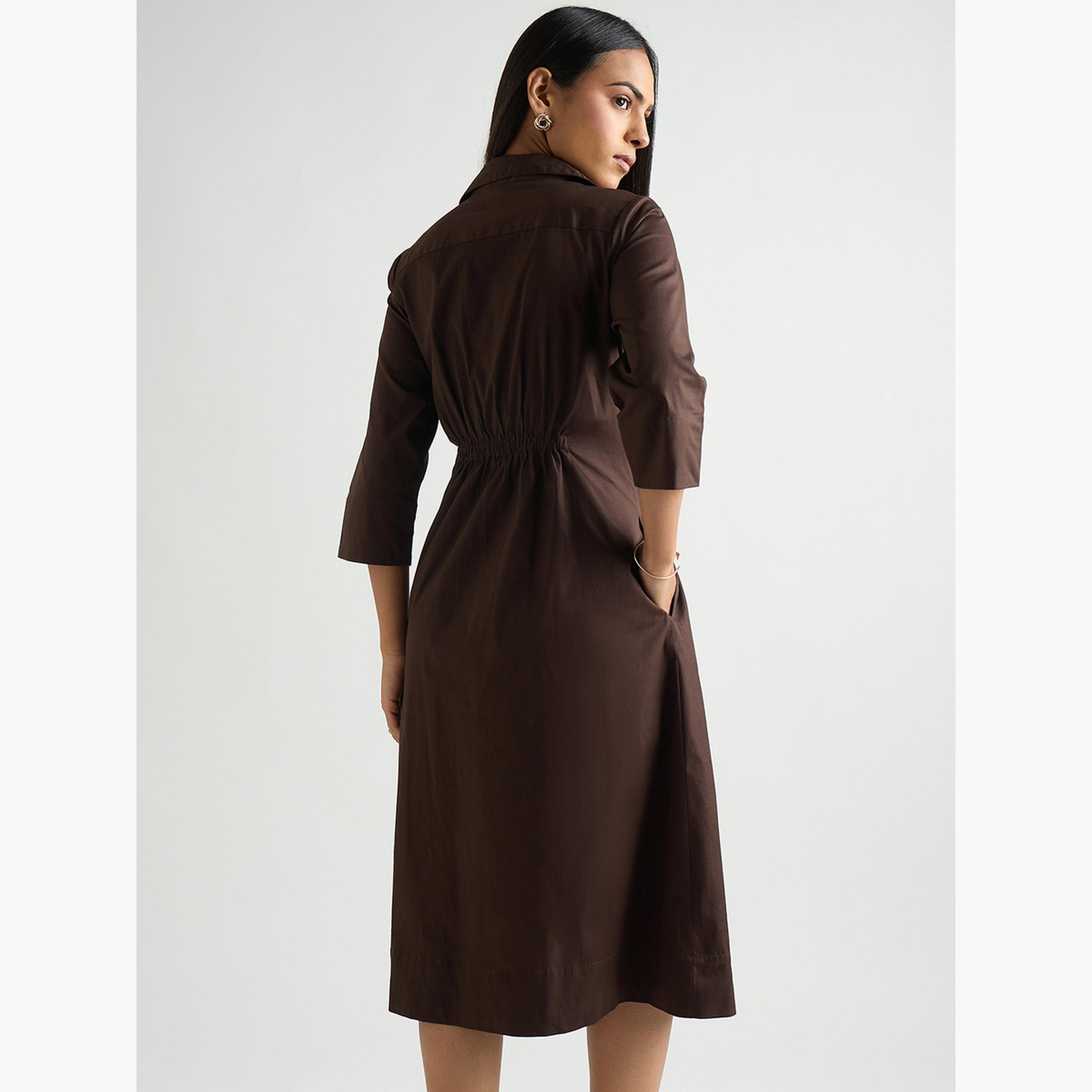 Femmella Women Coffee Brown Poplin Cinched Waist Midi Dress-women-clothing-dresses-image-4