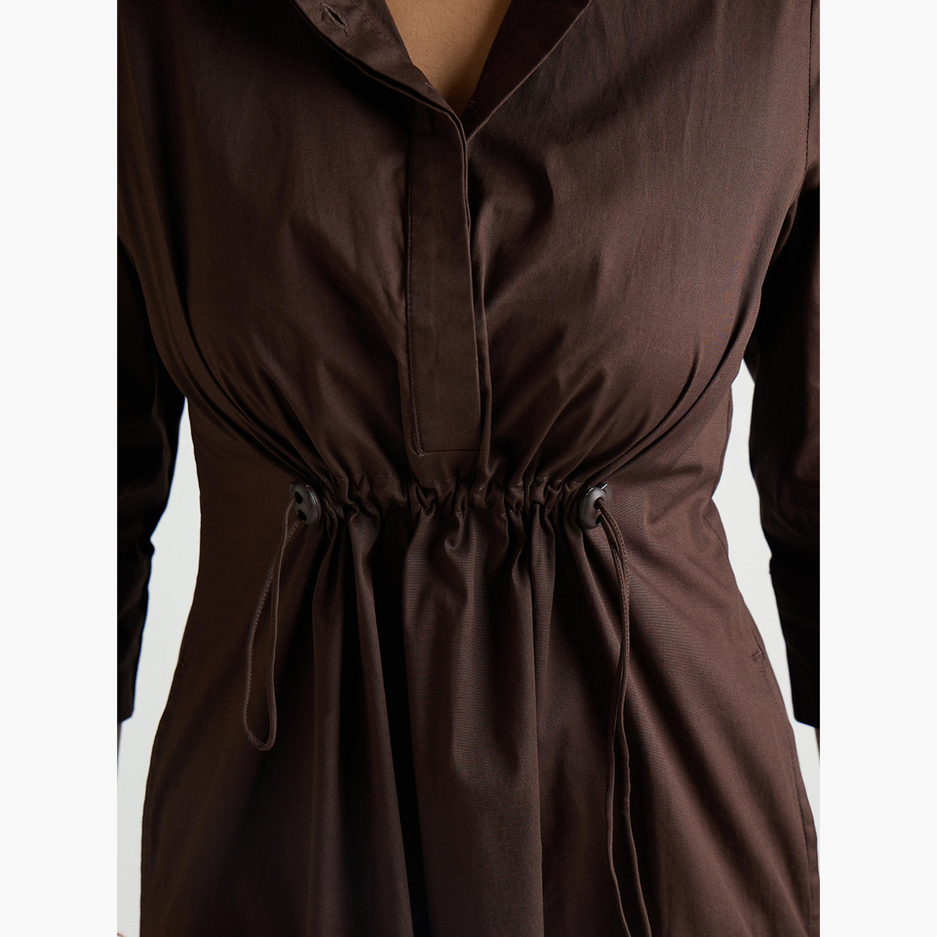 Femmella Women Coffee Brown Poplin Cinched Waist Midi Dress-women-clothing-dresses-image-5