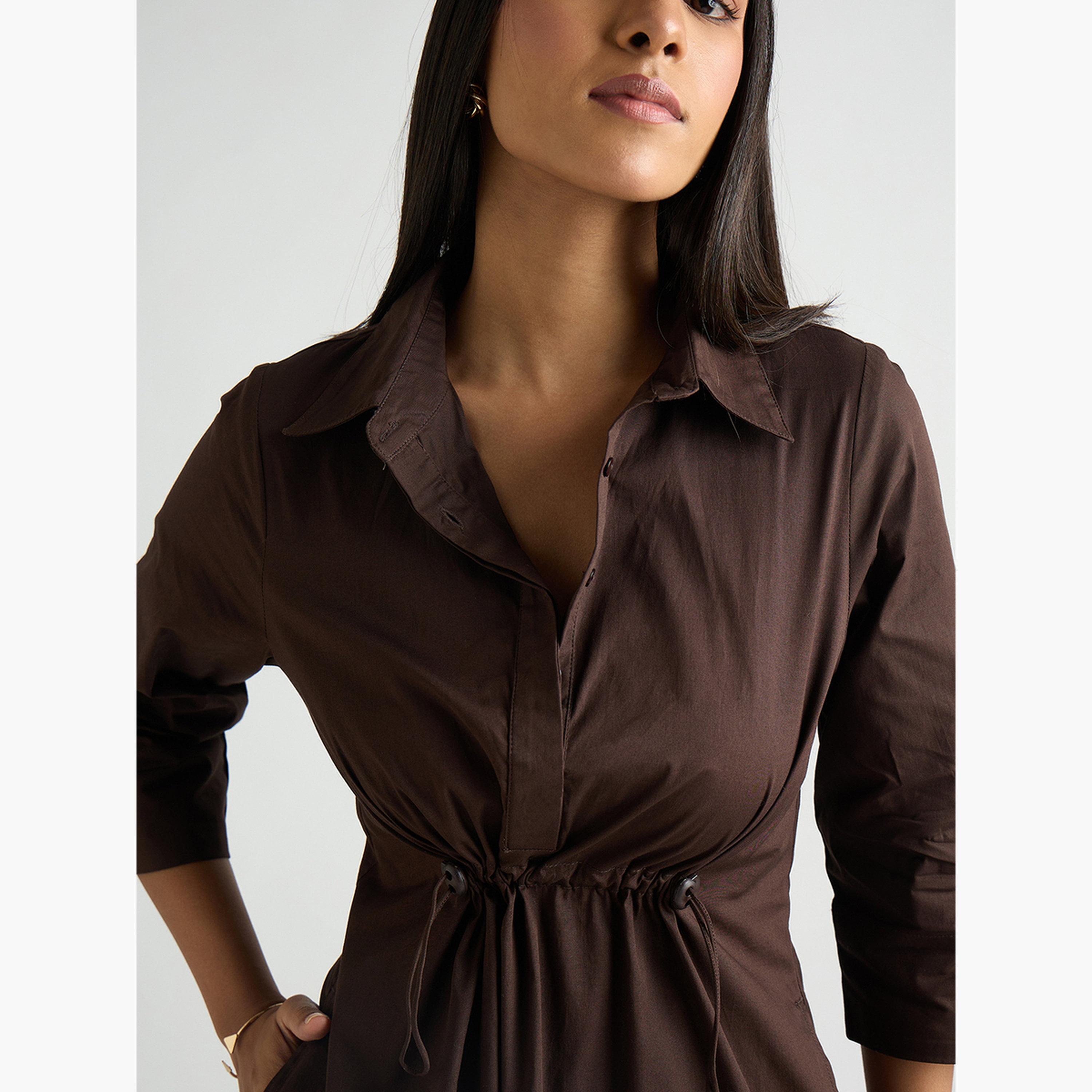 Femmella Women Coffee Brown Poplin Cinched Waist Midi Dress-women-clothing-dresses-image-6