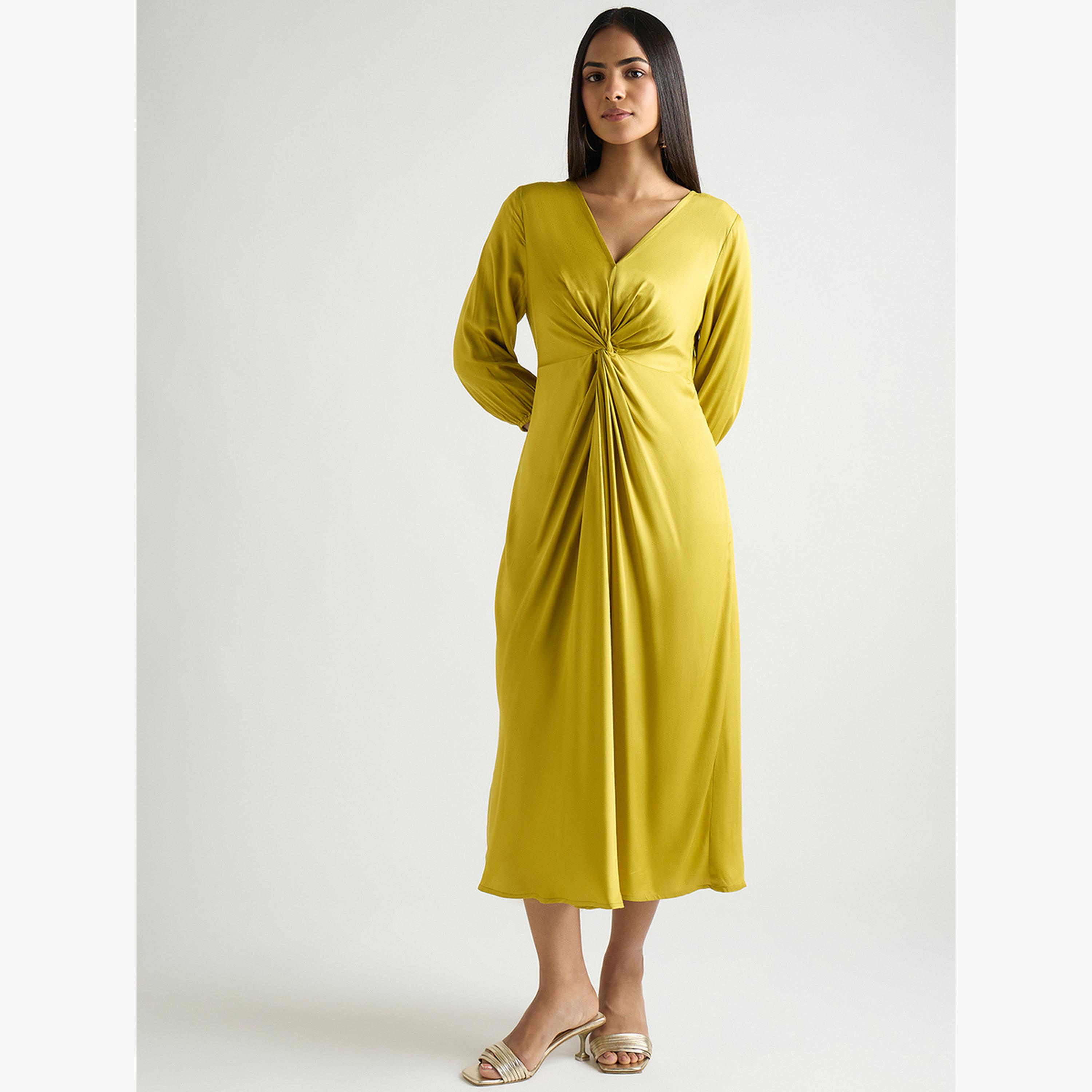 Femmella Women Green Modal Satin Twist Detail Midi Dress-women-clothing-dresses-image-1
