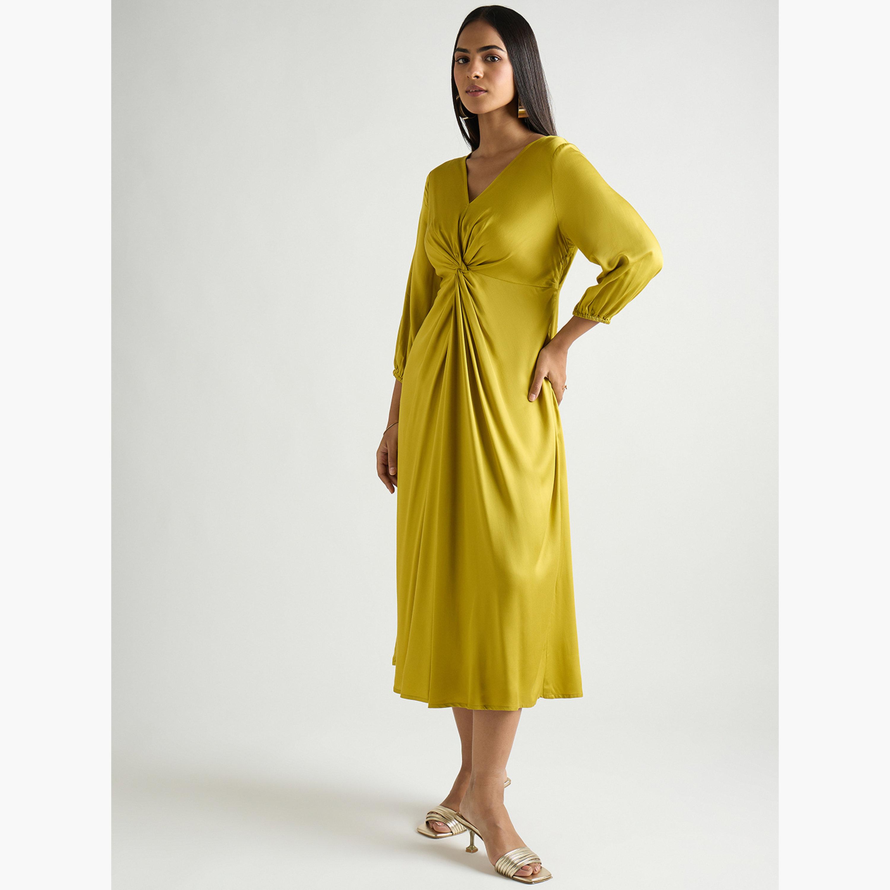 Femmella Women Green Modal Satin Twist Detail Midi Dress-women-clothing-dresses-image-4
