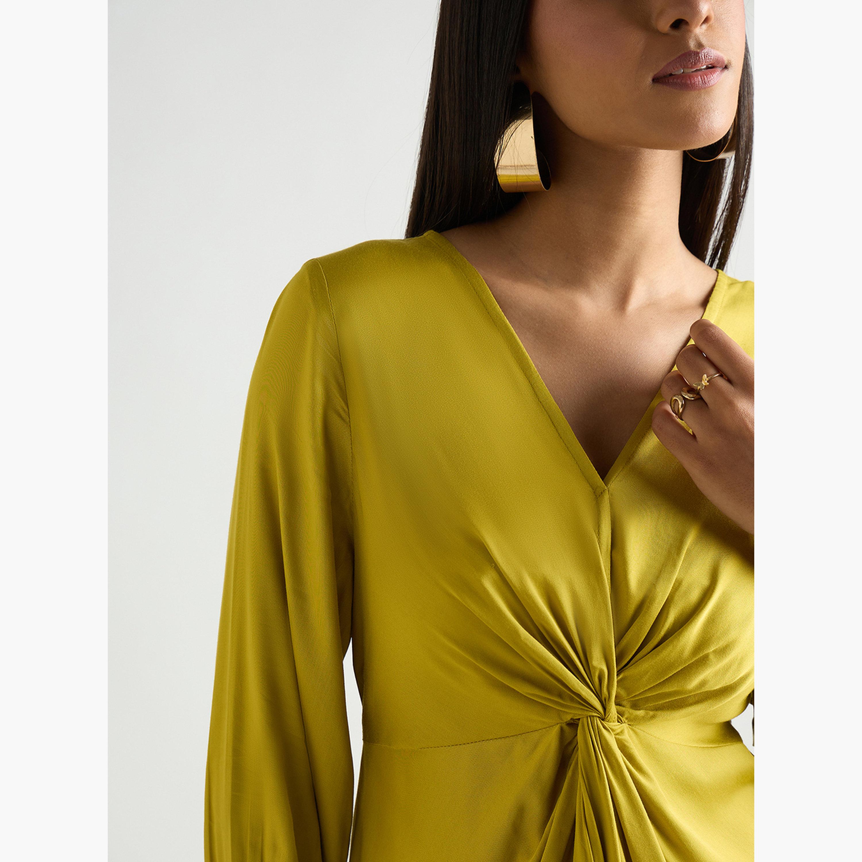 Femmella Women Green Modal Satin Twist Detail Midi Dress-women-clothing-dresses-image-5