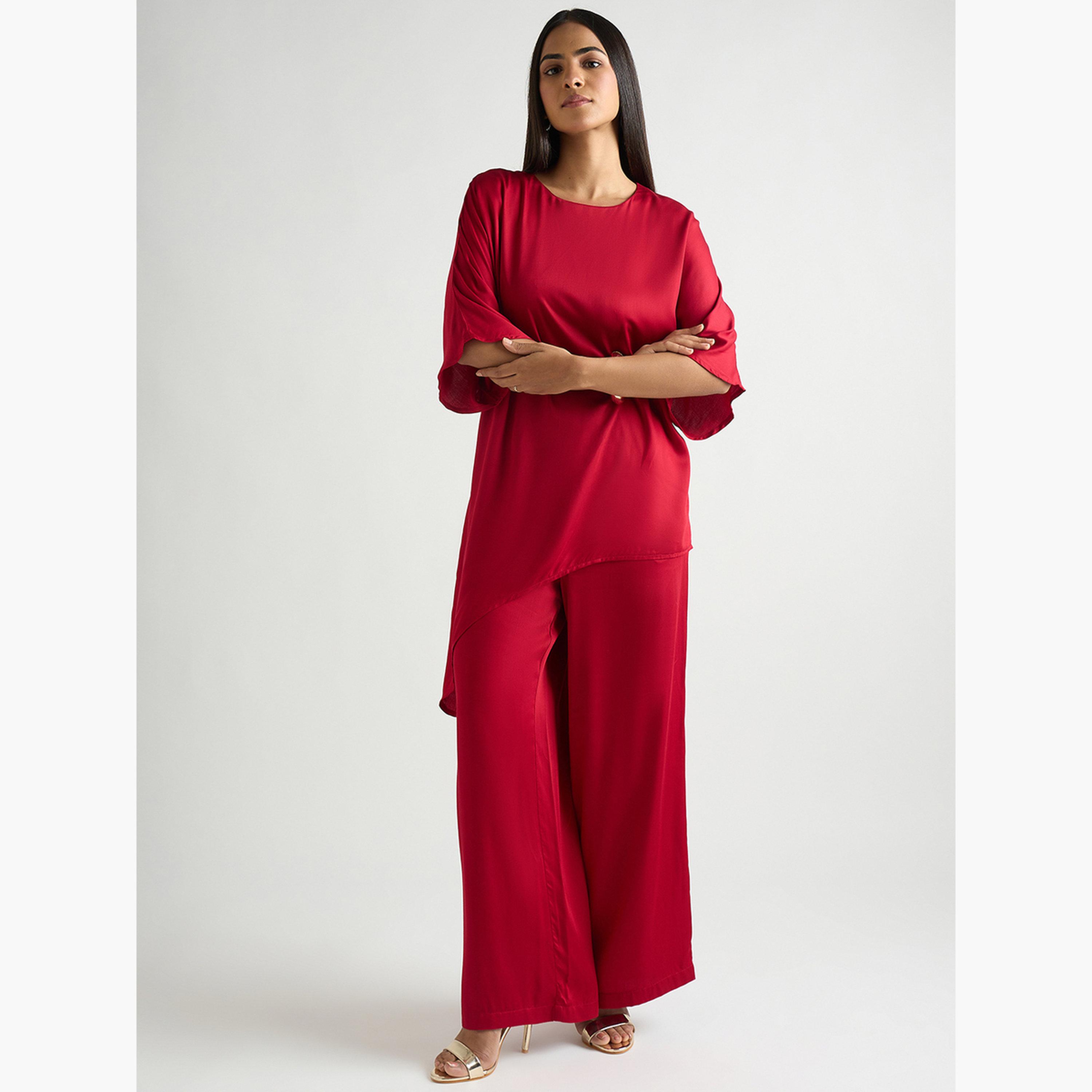 Femmella Women Red Satin Asymmetric Top with Trousers Co-Ords-women-clothing-coordsets-image-1