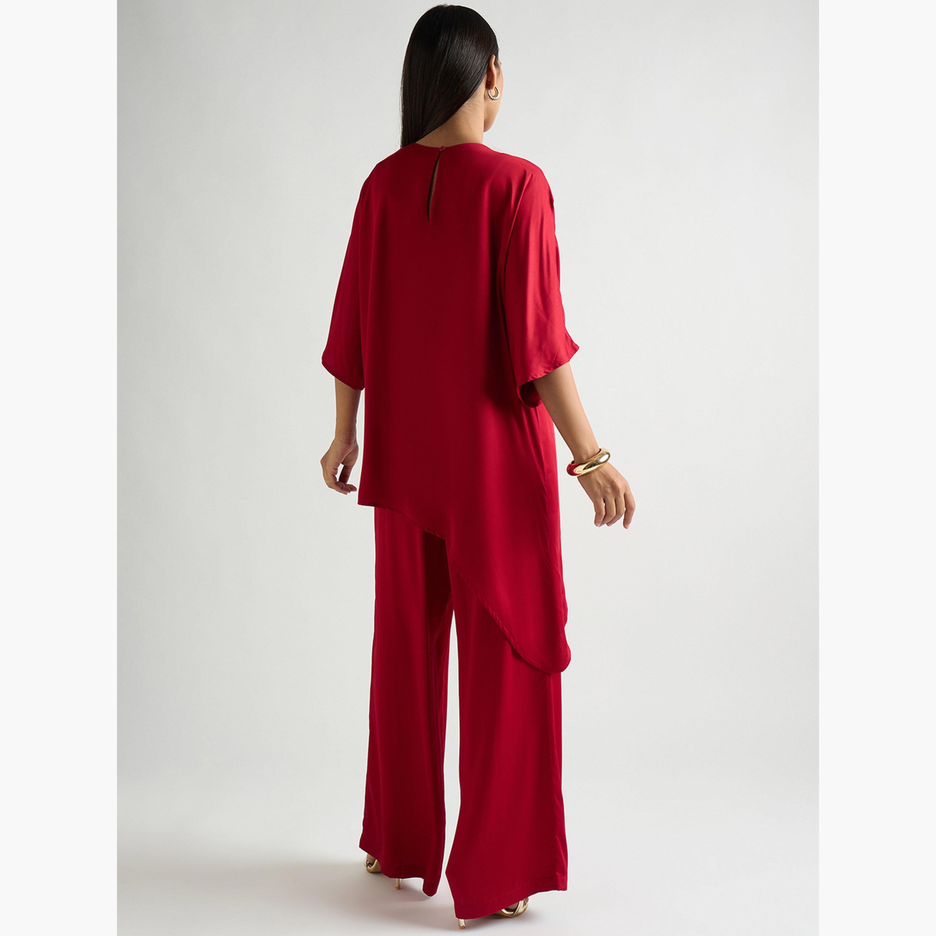 Femmella Women Red Satin Asymmetric Top with Trousers Co-Ords-women-clothing-coordsets-image-2