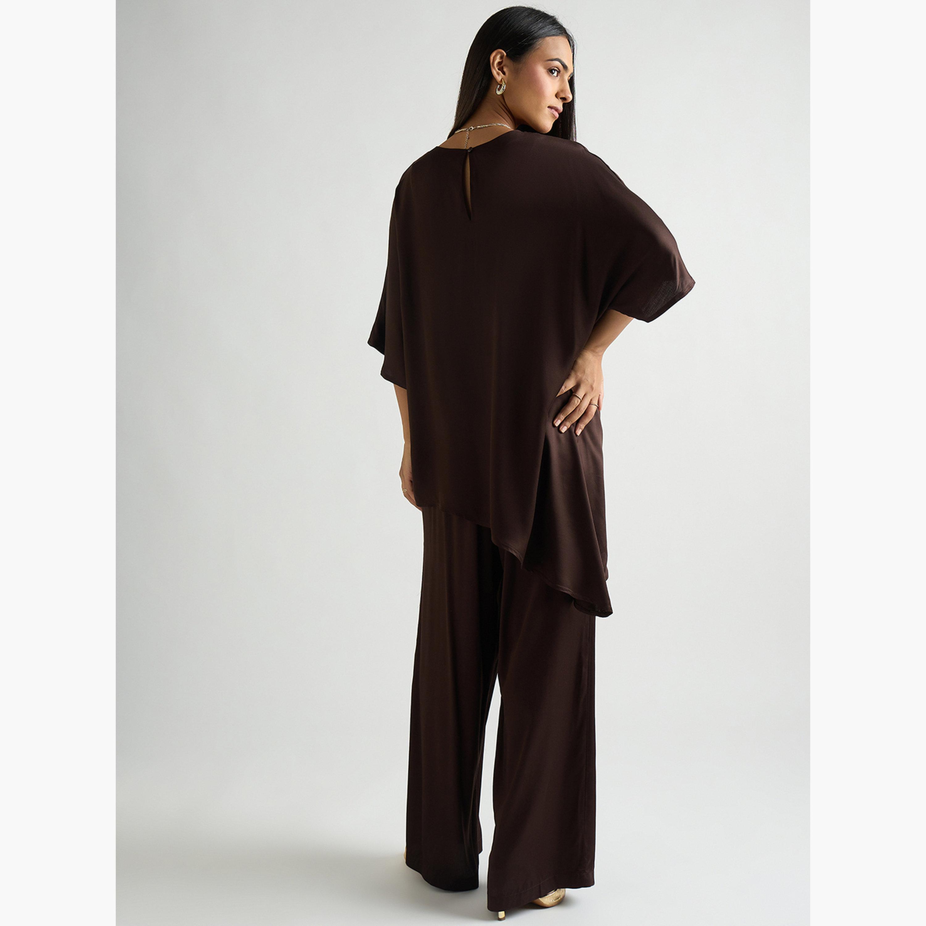 طقم منسق من بنطال وبلوزة ساتان غير متماثلة الطول-women-clothing-coordsets-image-2