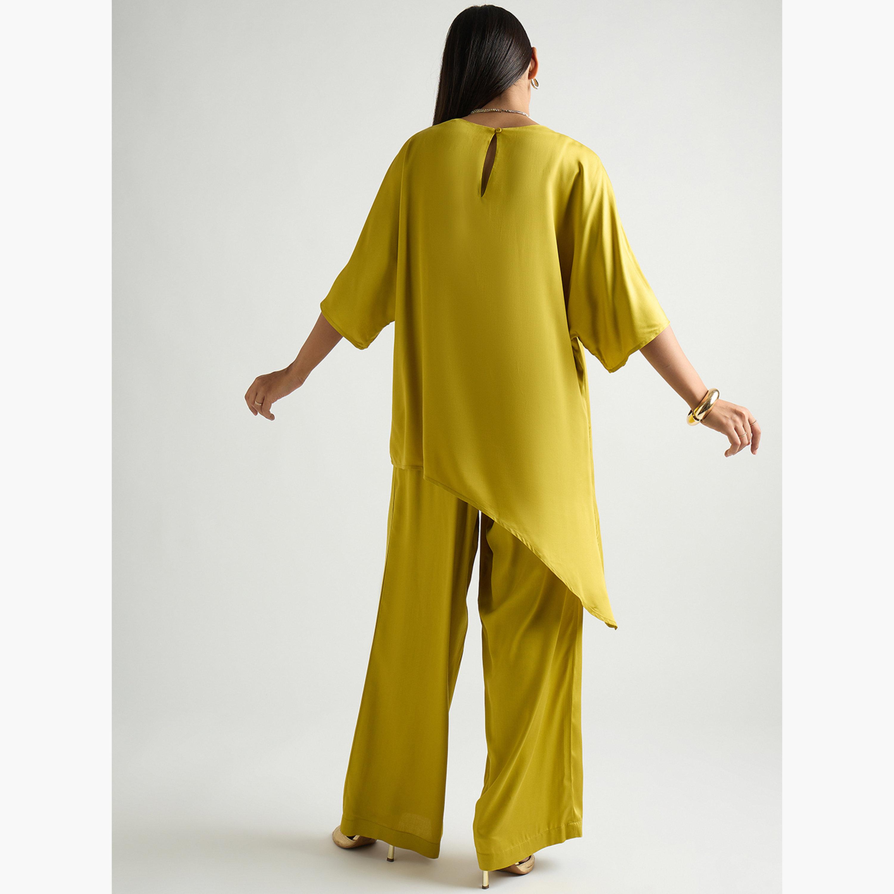 Femmella Women Green Satin Asymmetric Top with Trousers Co-Ords-women-clothing-coordsets-image-2