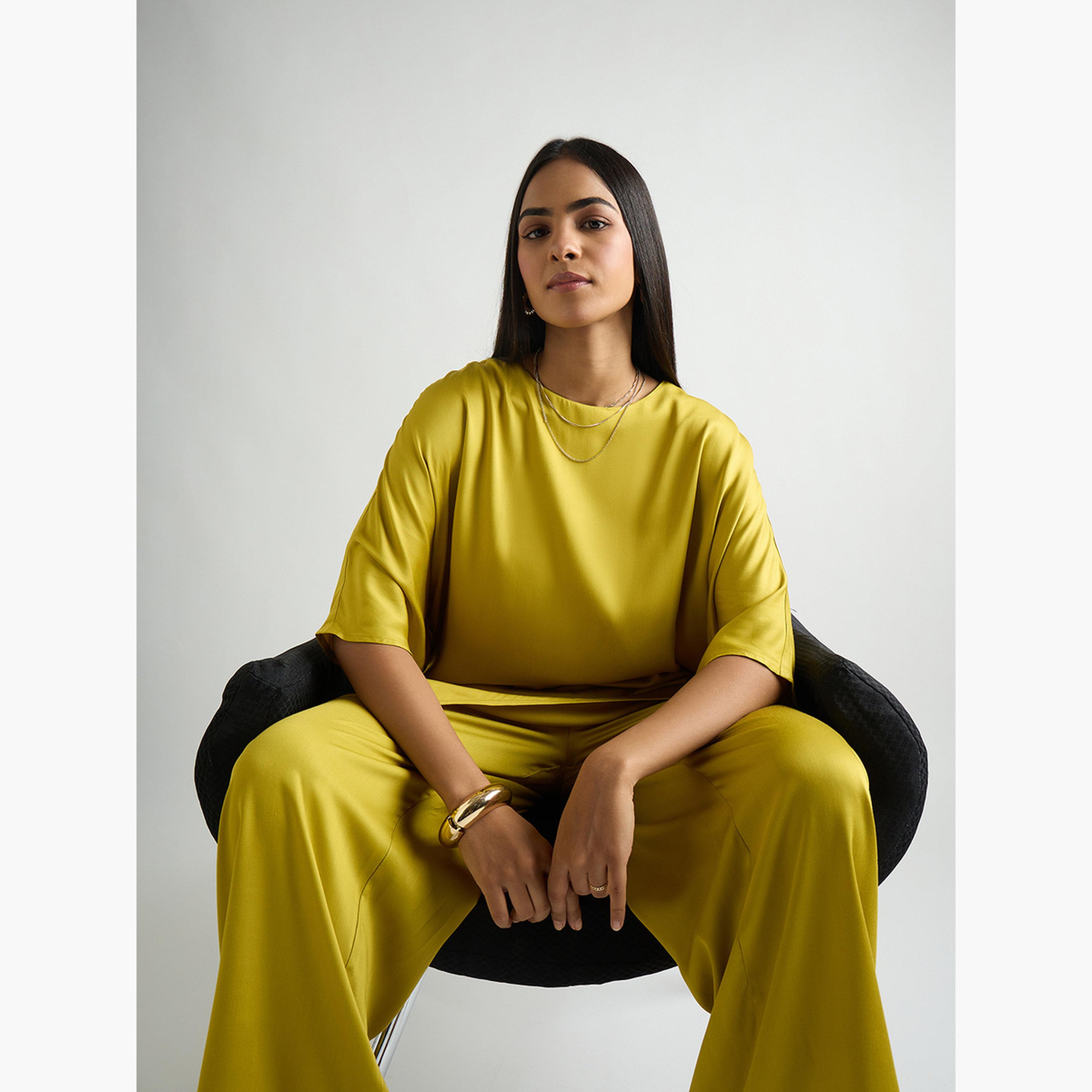 Femmella Women Green Satin Asymmetric Top with Trousers Co-Ords-women-clothing-coordsets-image-4