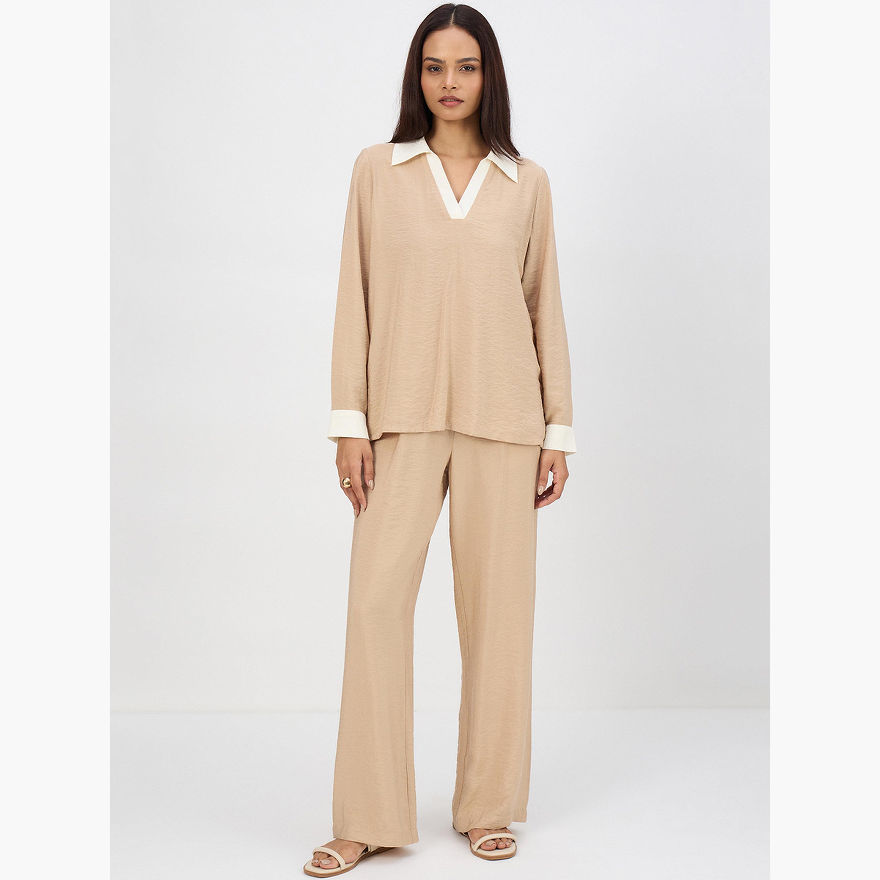 طقم بلوزة بنمط كتل الألوان وبنطال-women-clothing-coordsets-image-1