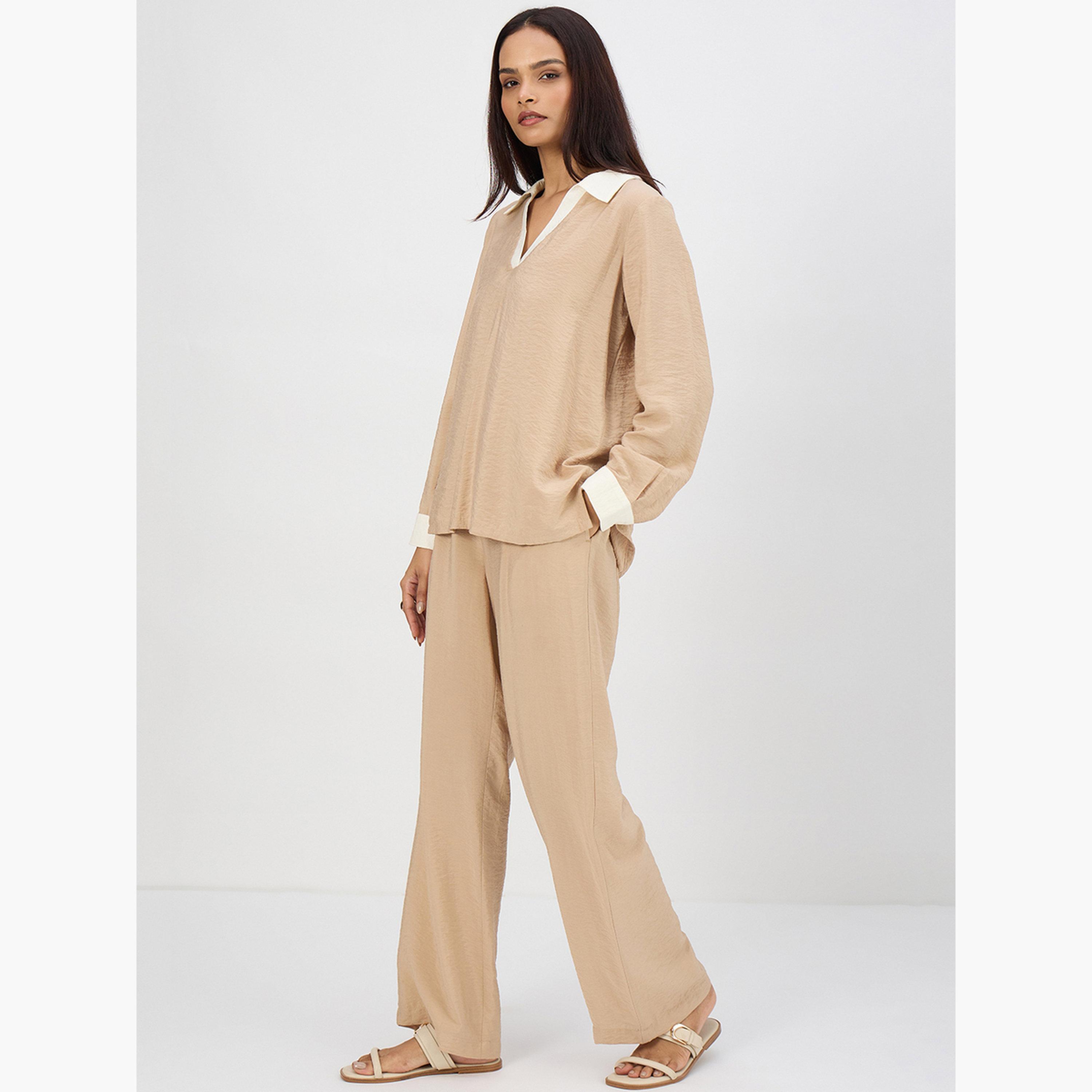 طقم بلوزة بنمط كتل الألوان وبنطال-women-clothing-coordsets-image-3
