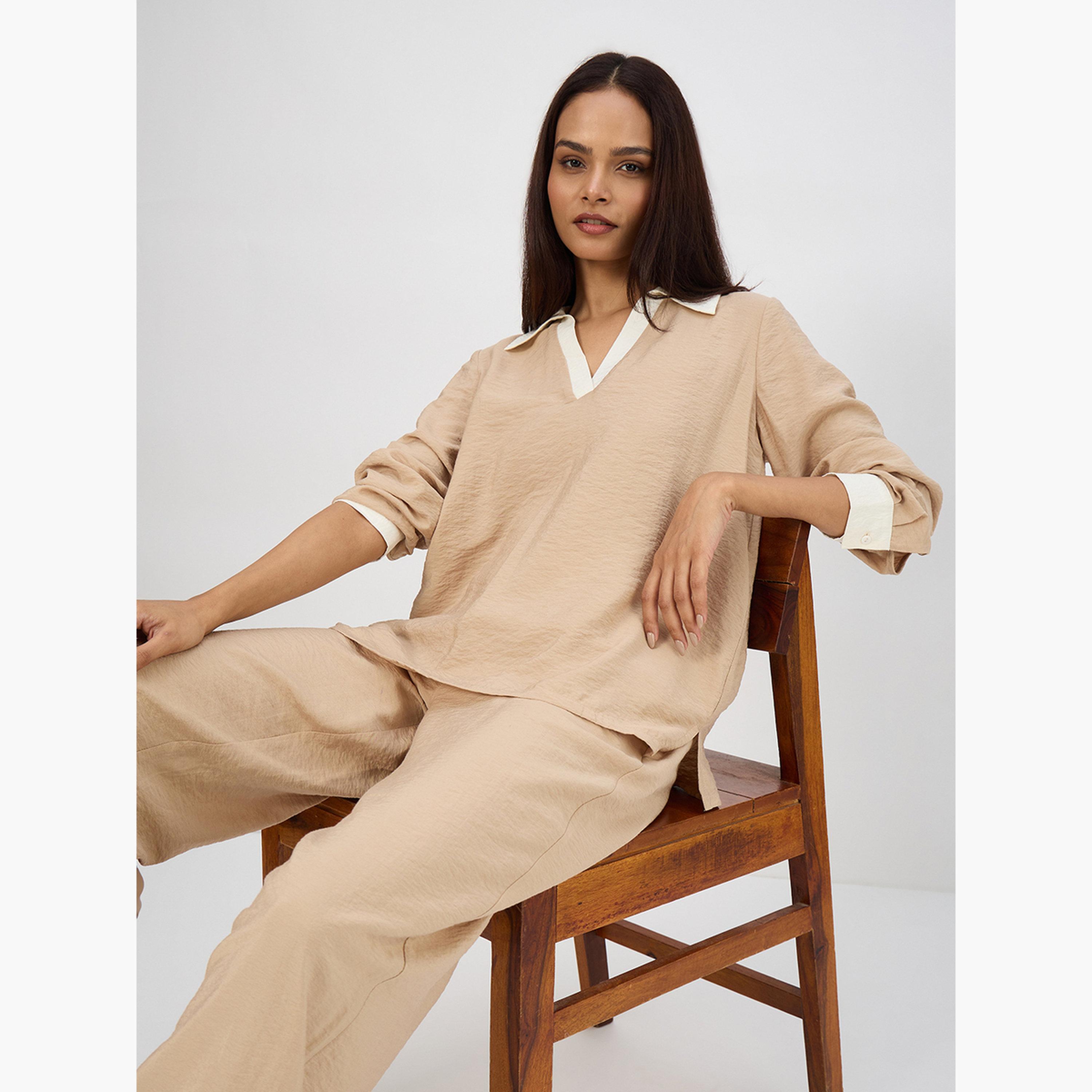 طقم بلوزة بنمط كتل الألوان وبنطال-women-clothing-coordsets-image-4
