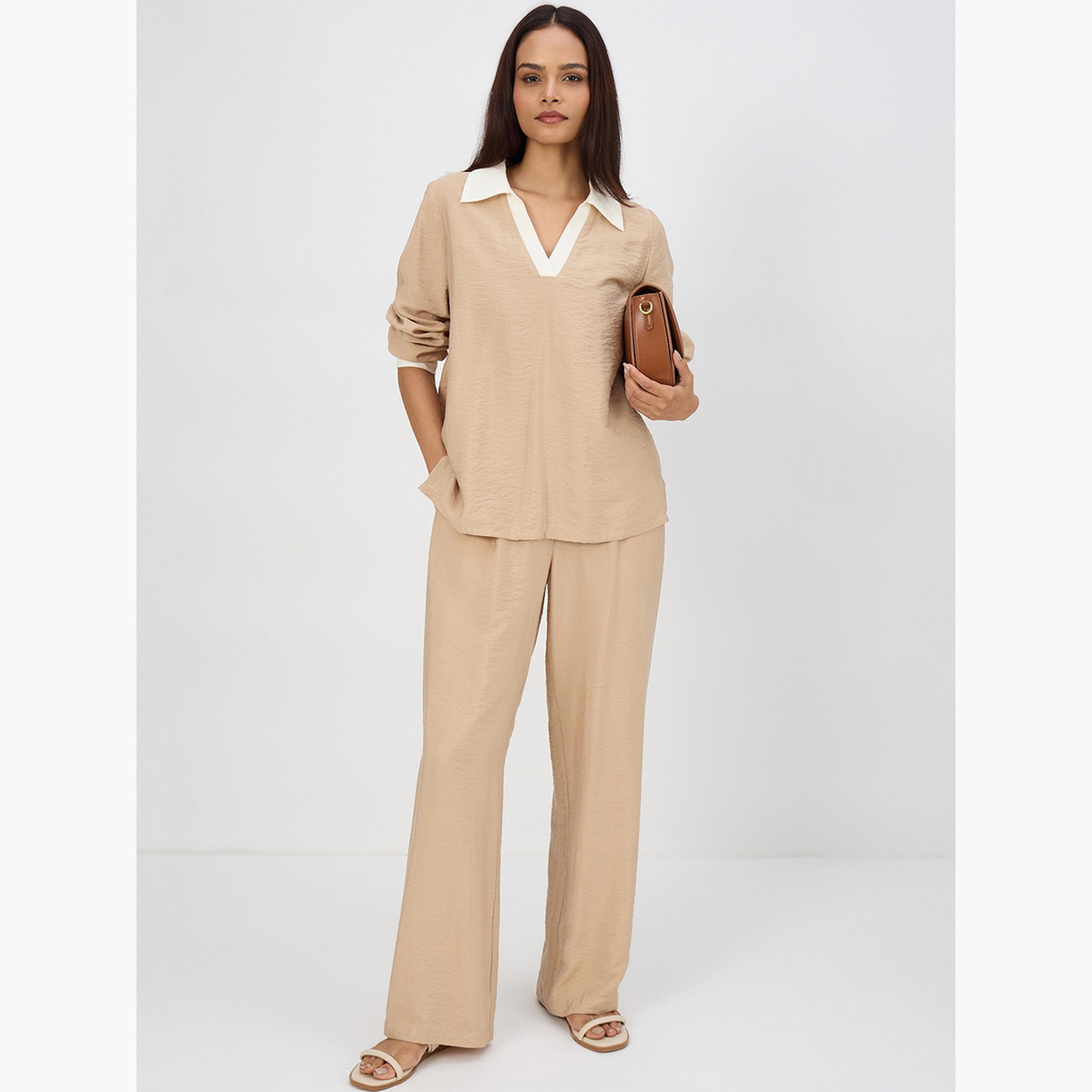 طقم بلوزة بنمط كتل الألوان وبنطال-women-clothing-coordsets-image-5