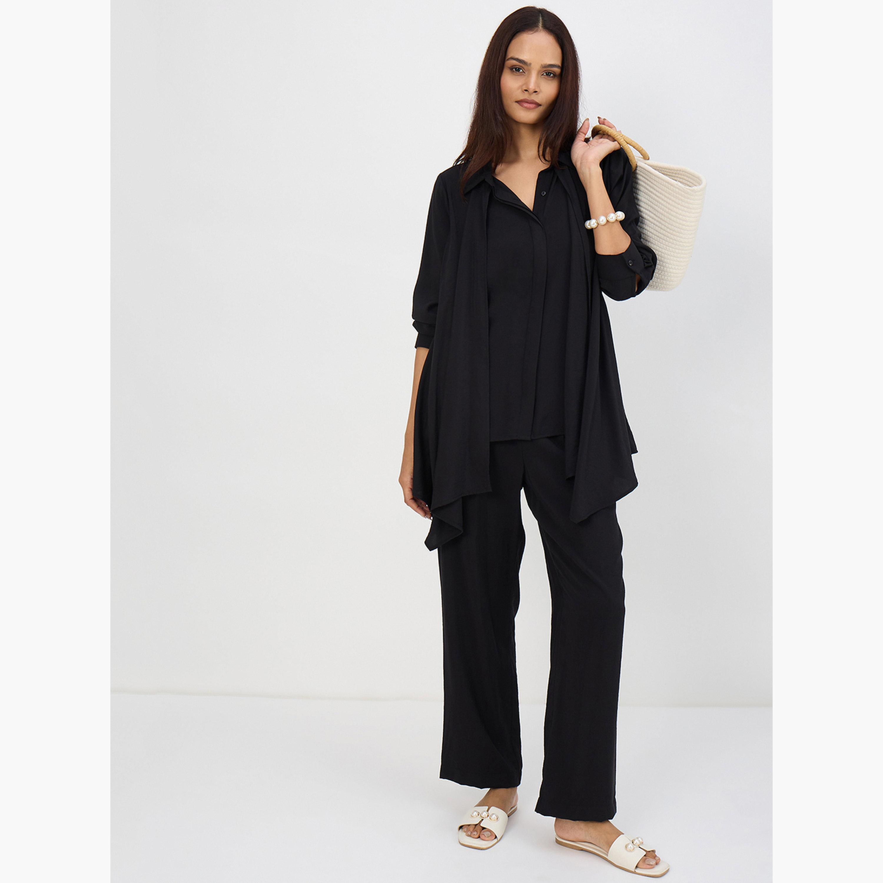 طقم بلوزة بياقة غير متماثلة وبنطال-women-clothing-coordsets-image-5
