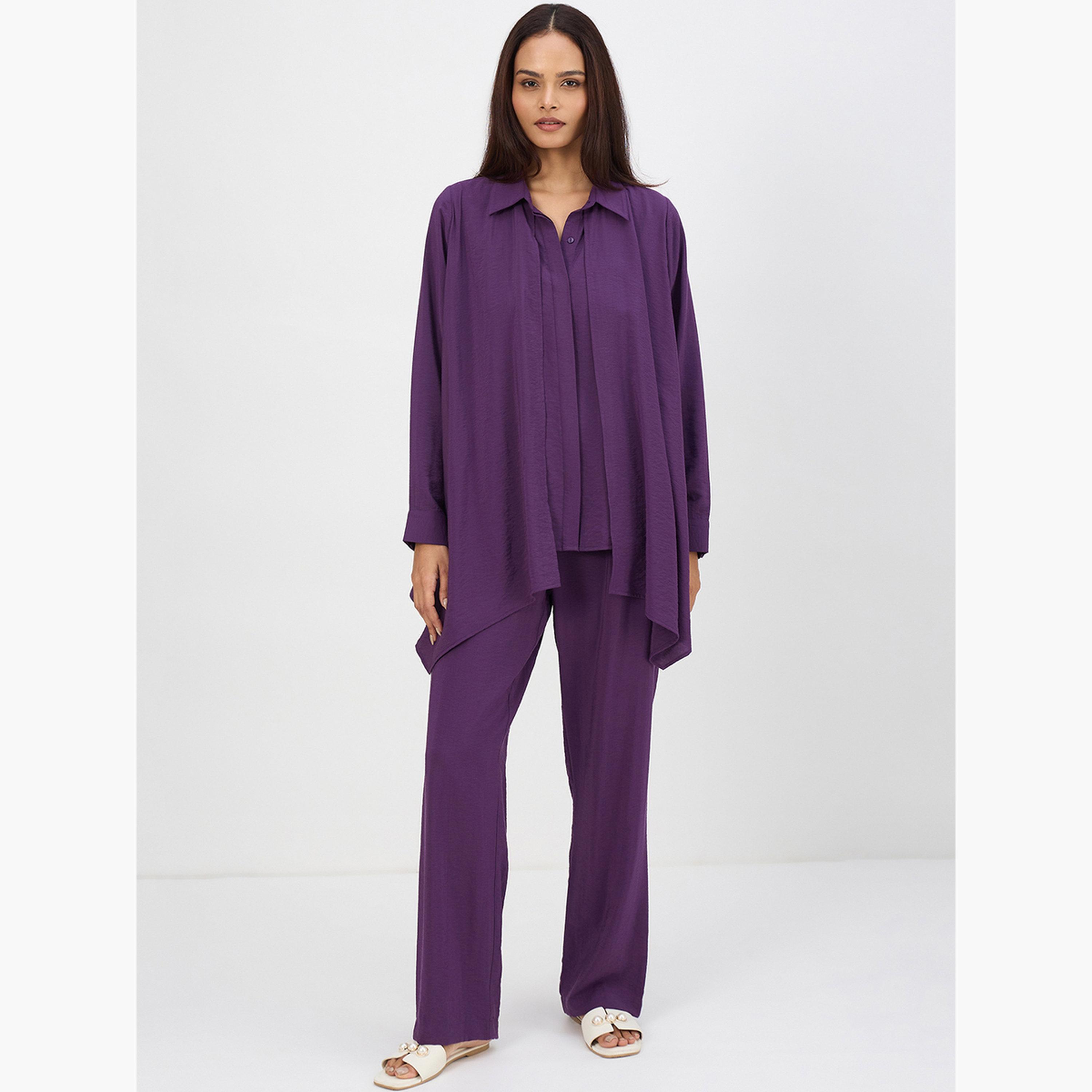 طقم بلوزة بياقة غير متماثلة وبنطال-women-clothing-coordsets-image-1