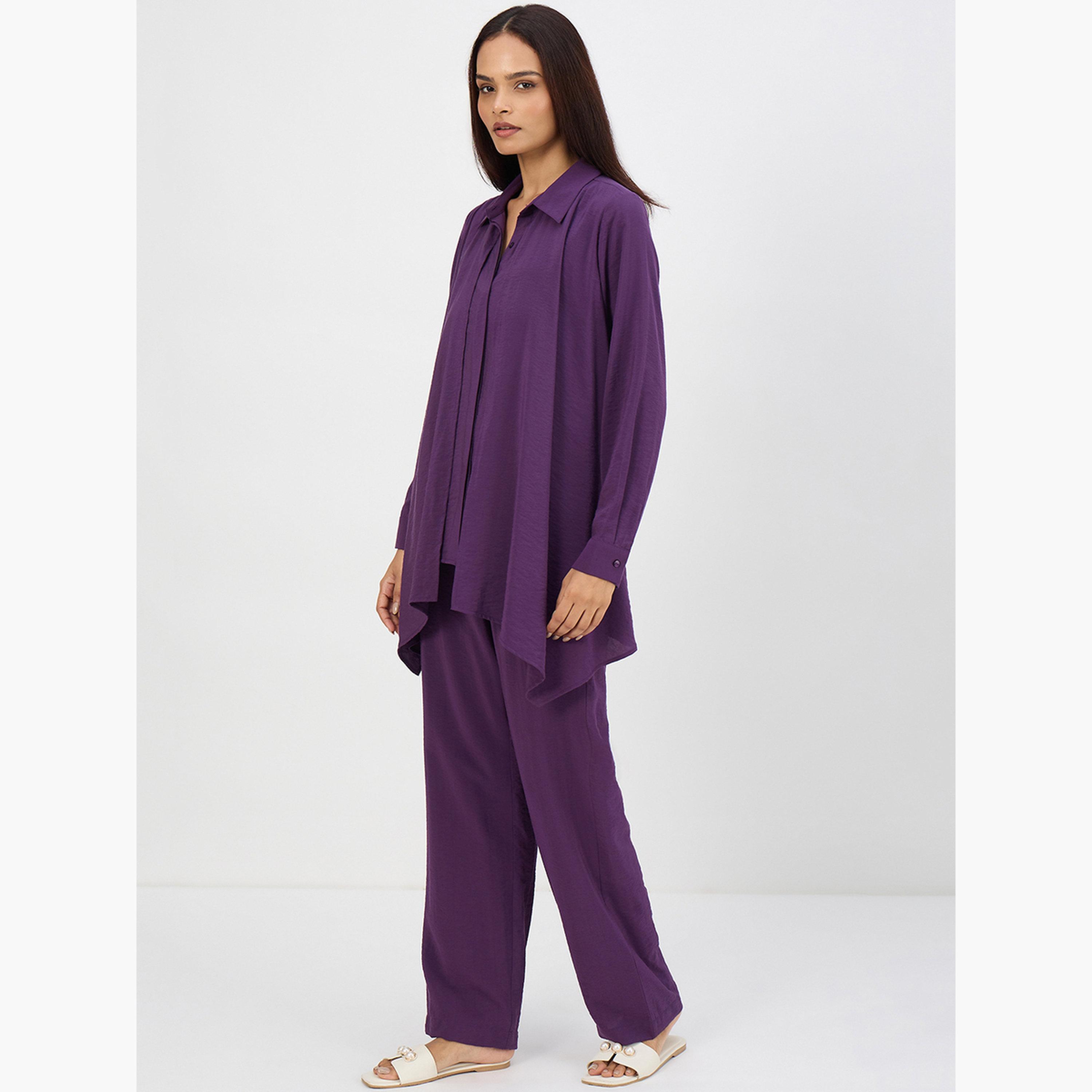 طقم بلوزة بياقة غير متماثلة وبنطال-women-clothing-coordsets-image-3