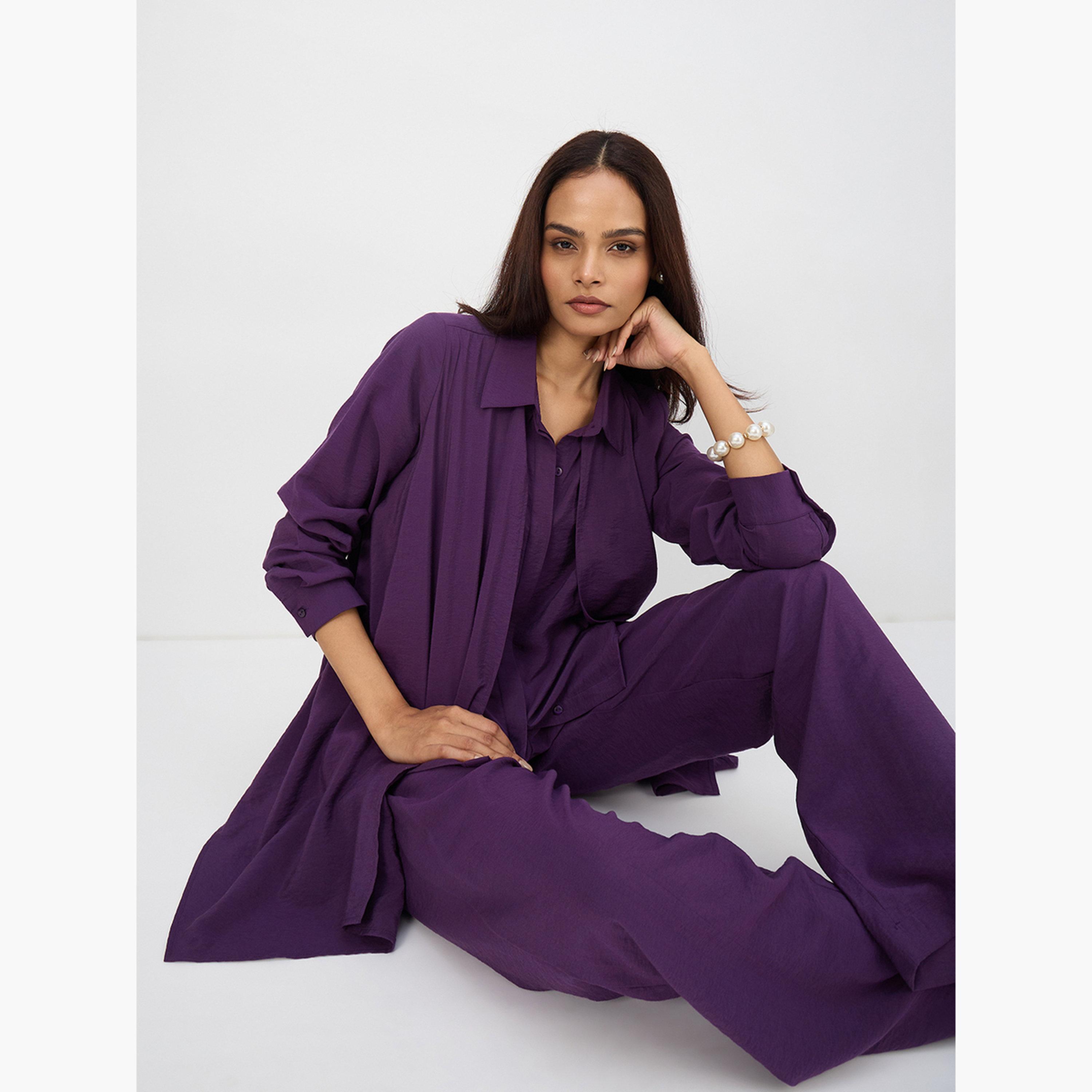 طقم بلوزة بياقة غير متماثلة وبنطال-women-clothing-coordsets-image-4
