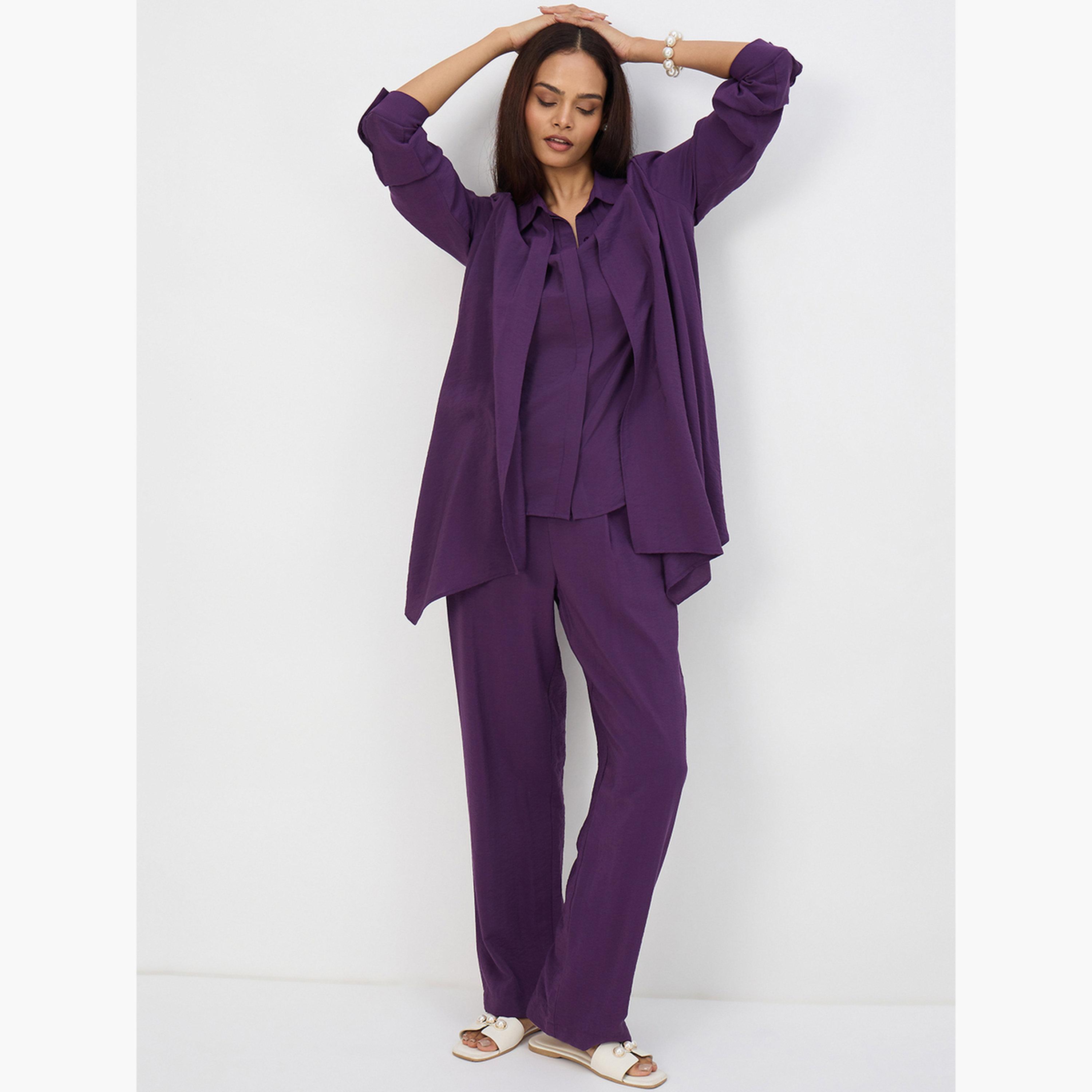 طقم بلوزة بياقة غير متماثلة وبنطال-women-clothing-coordsets-image-5