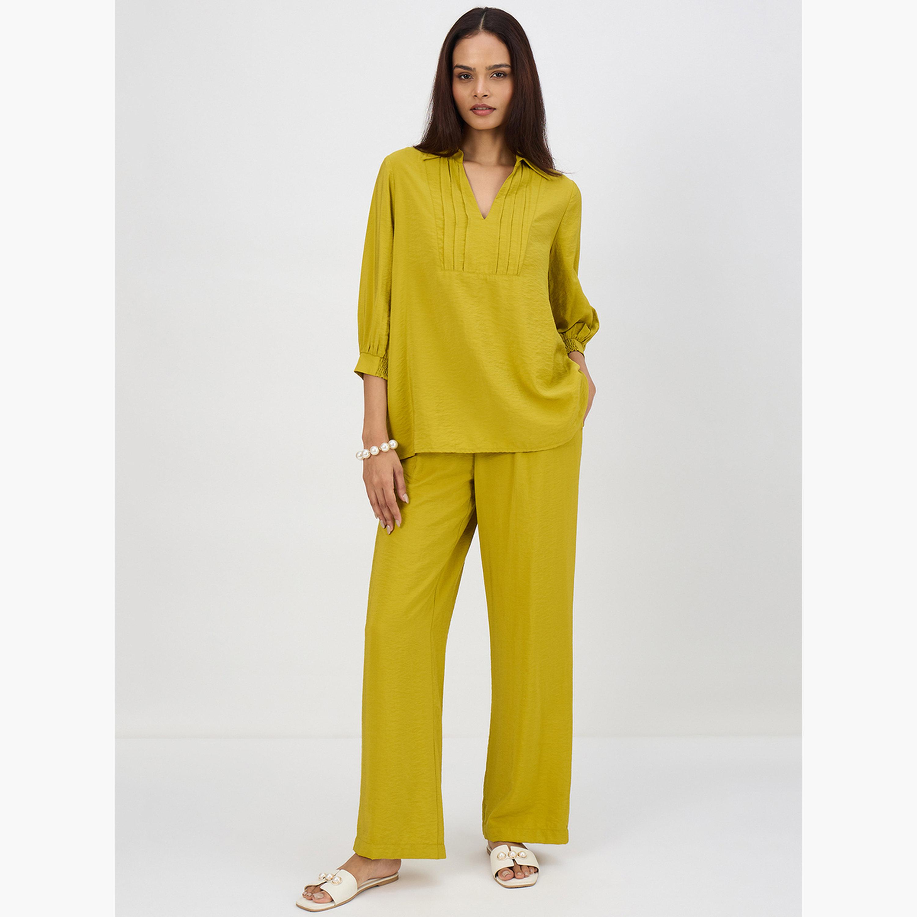 Femmella Women Green Pleat Detail Top with Trousers Co-Ords-women-clothing-coordsets-image-1