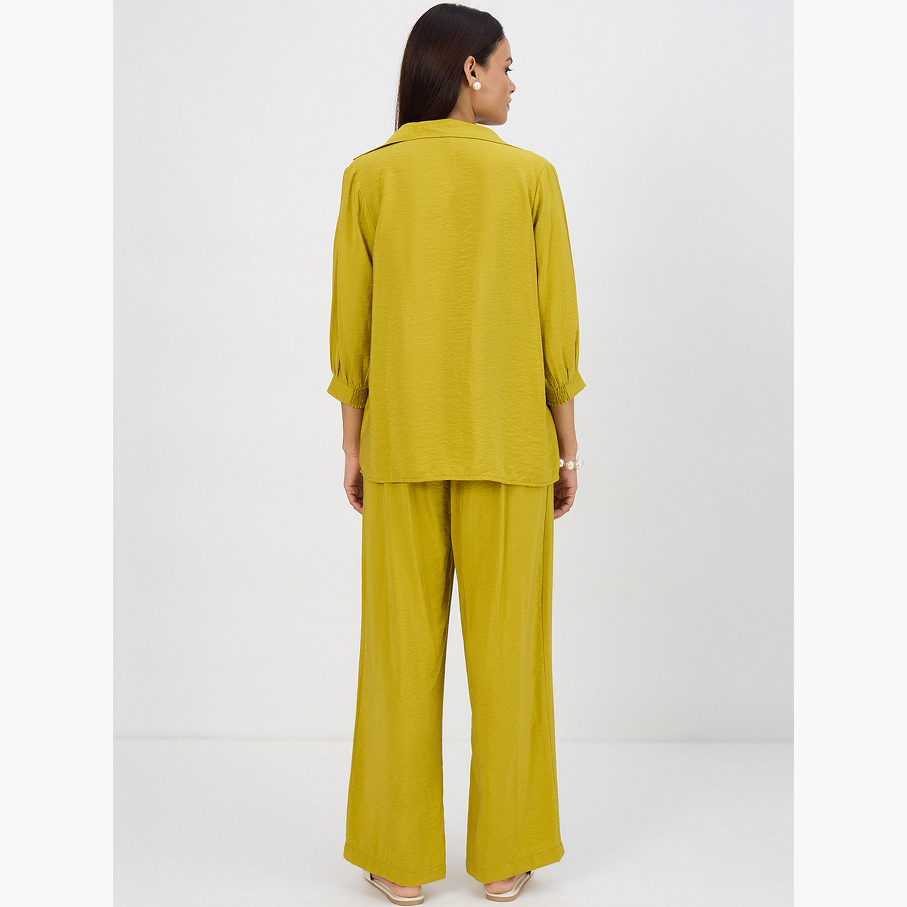 Femmella Women Green Pleat Detail Top with Trousers Co-Ords-women-clothing-coordsets-image-2
