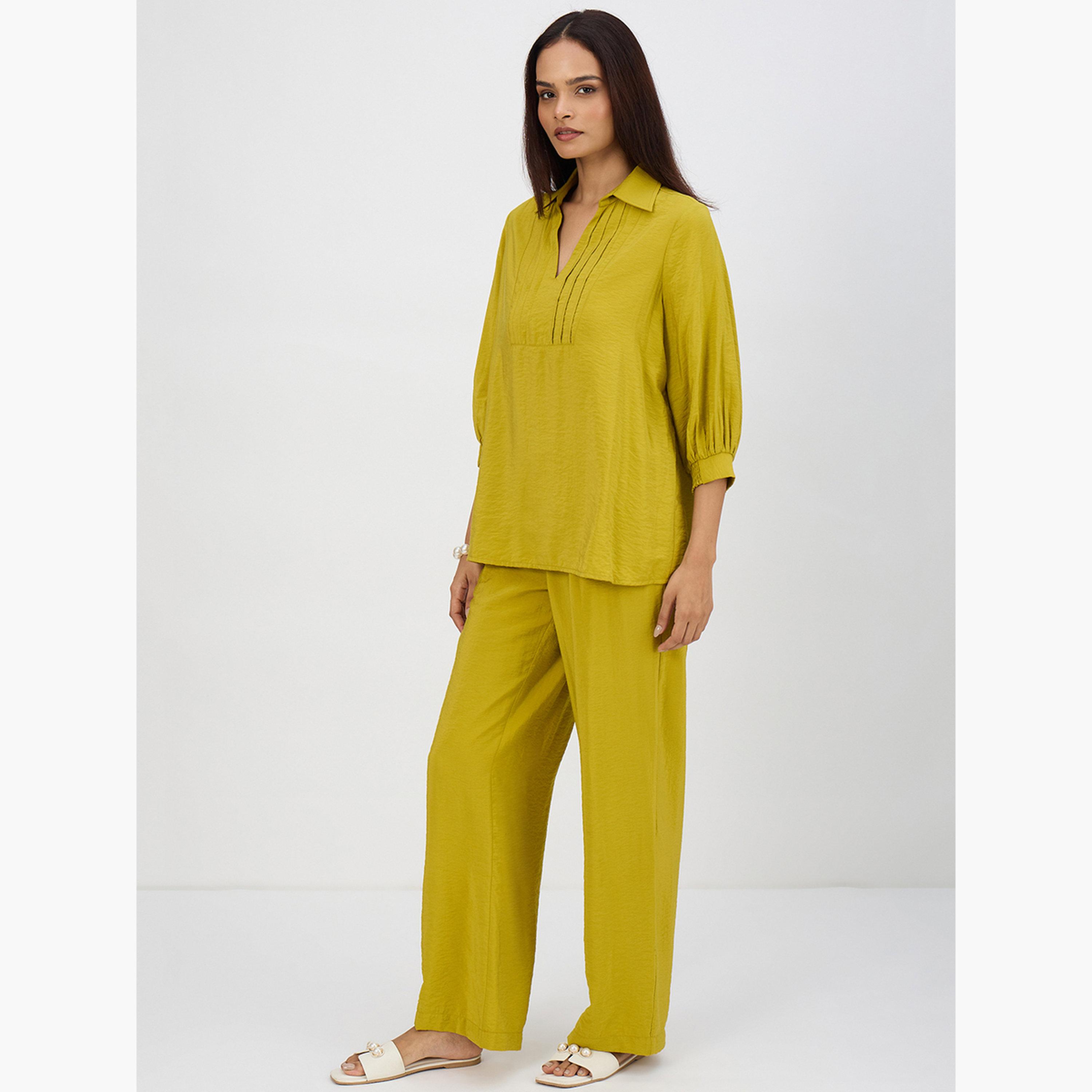 Femmella Women Green Pleat Detail Top with Trousers Co-Ords-women-clothing-coordsets-image-3