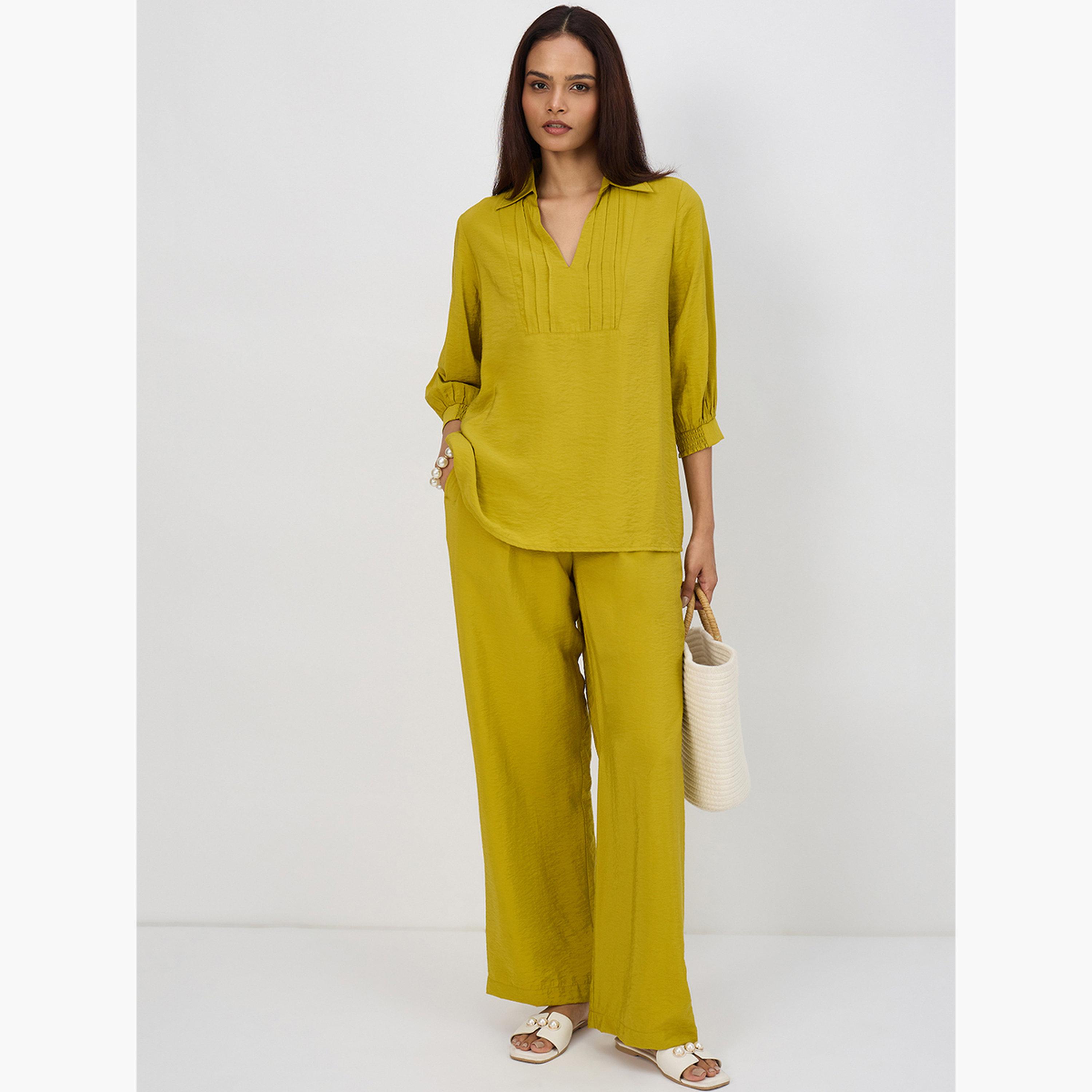 Femmella Women Green Pleat Detail Top with Trousers Co-Ords-women-clothing-coordsets-image-4