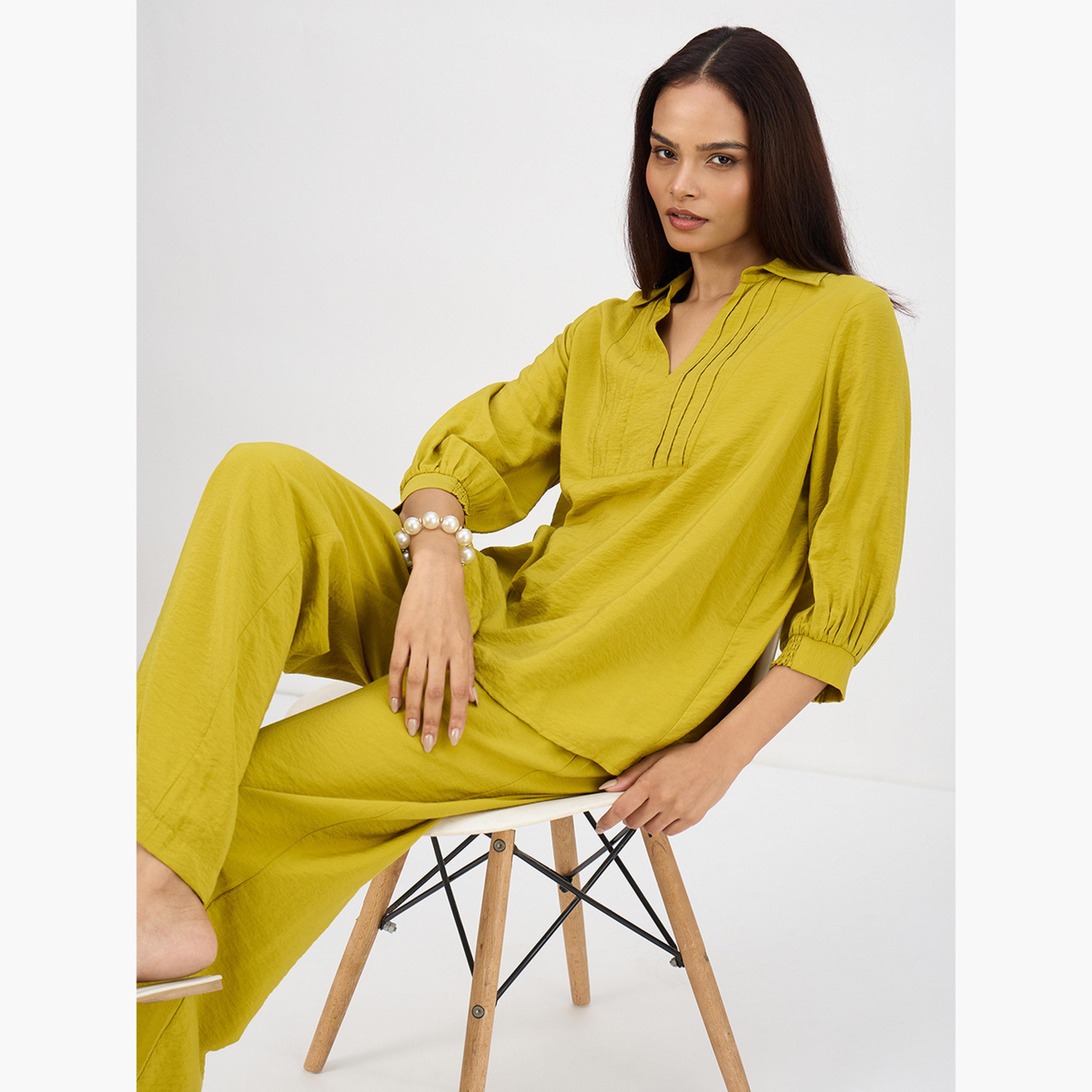 Femmella Women Green Pleat Detail Top with Trousers Co-Ords-women-clothing-coordsets-image-5