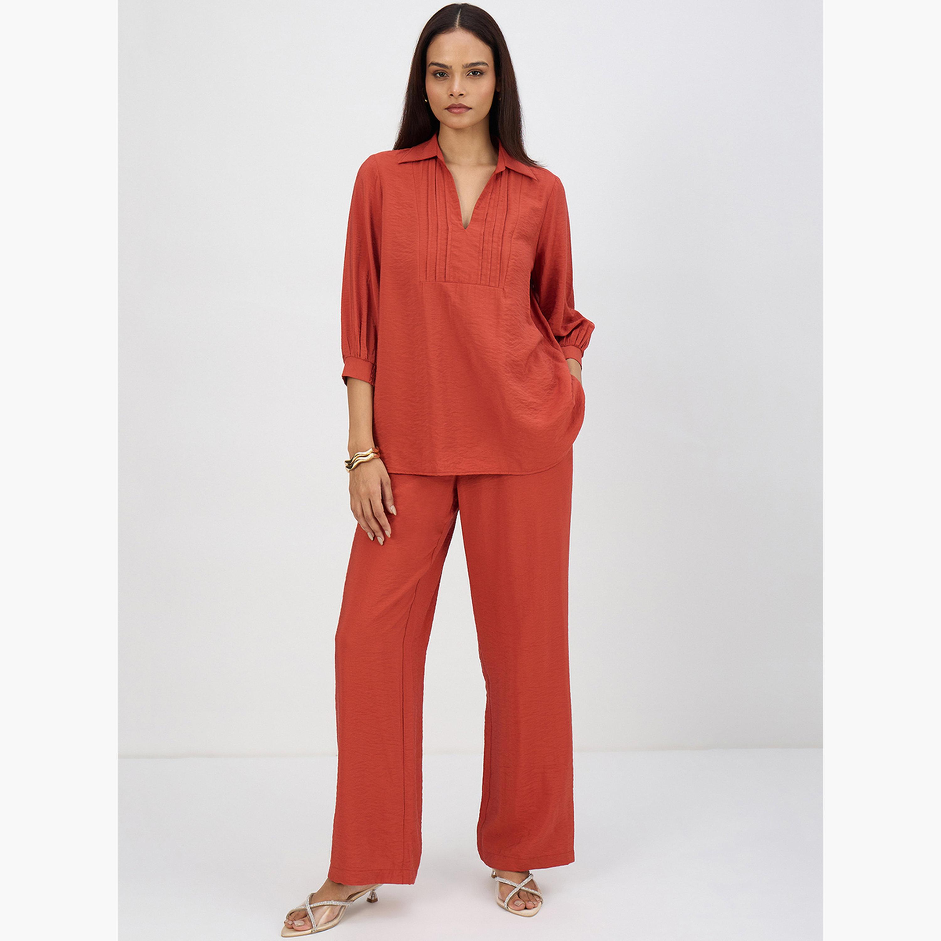 Femmella Women Rust Pleat Detail Top with Trousers Co-Ords-women-clothing-coordsets-image-1