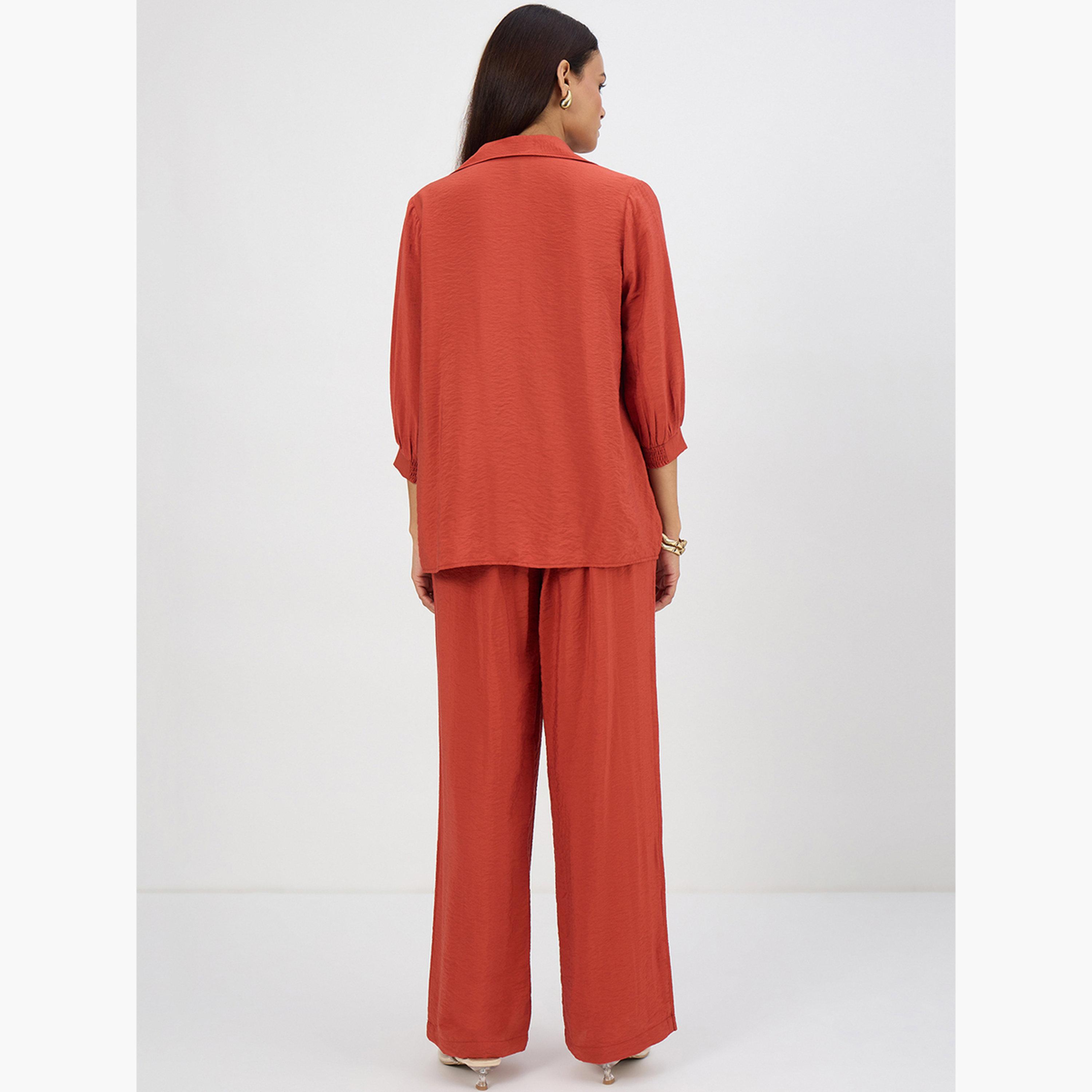 Femmella Women Rust Pleat Detail Top with Trousers Co-Ords-women-clothing-coordsets-image-2