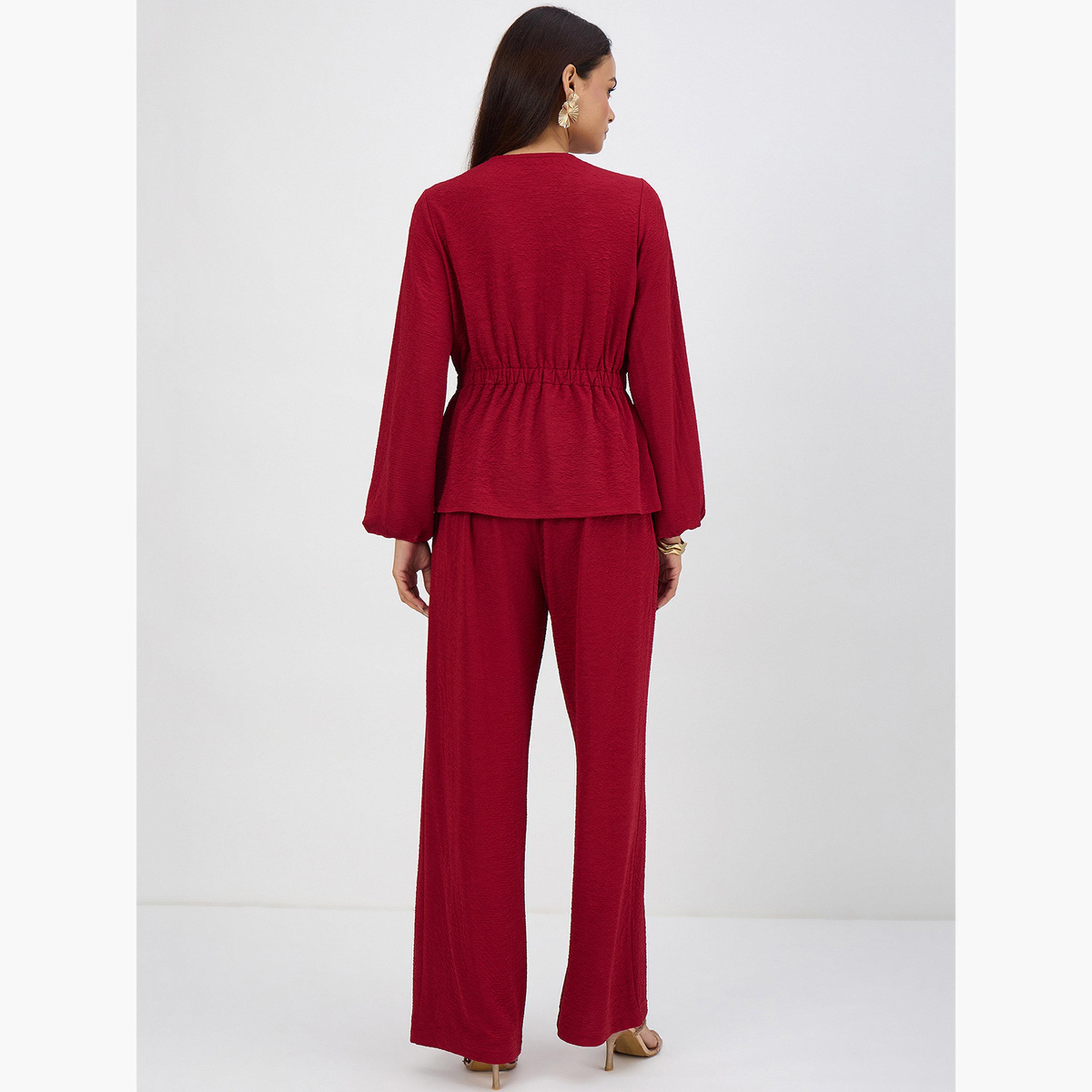 Femmella Women Red Textured Wrap Top with Pants Co-Ord-women-clothing-coordsets-image-2