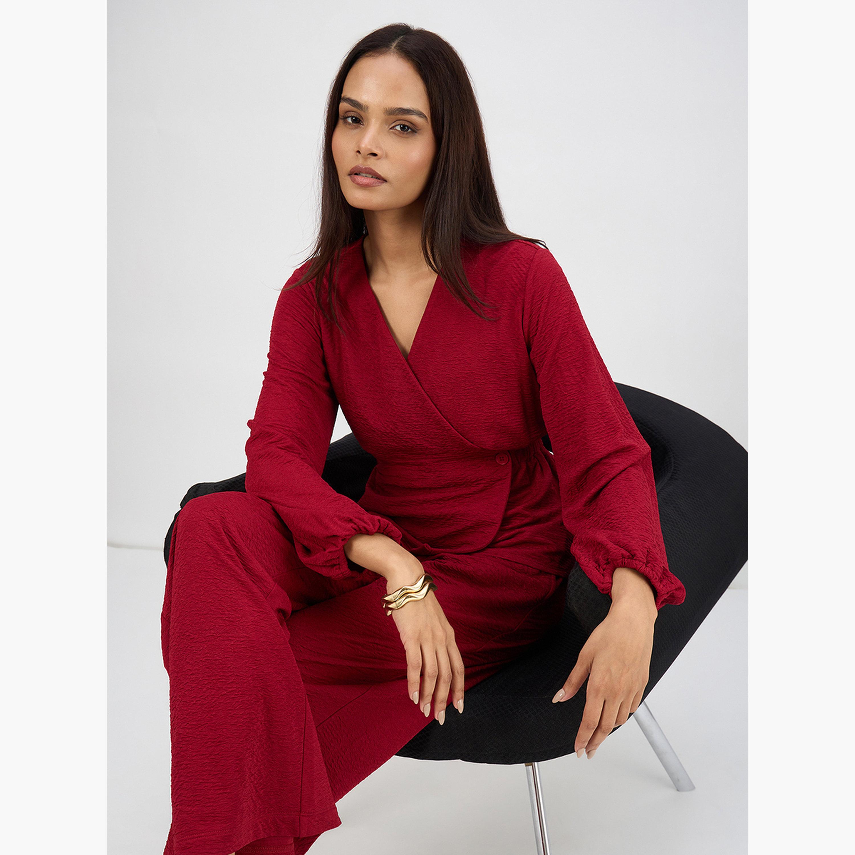 Femmella Women Red Textured Wrap Top with Pants Co-Ord-women-clothing-coordsets-image-4