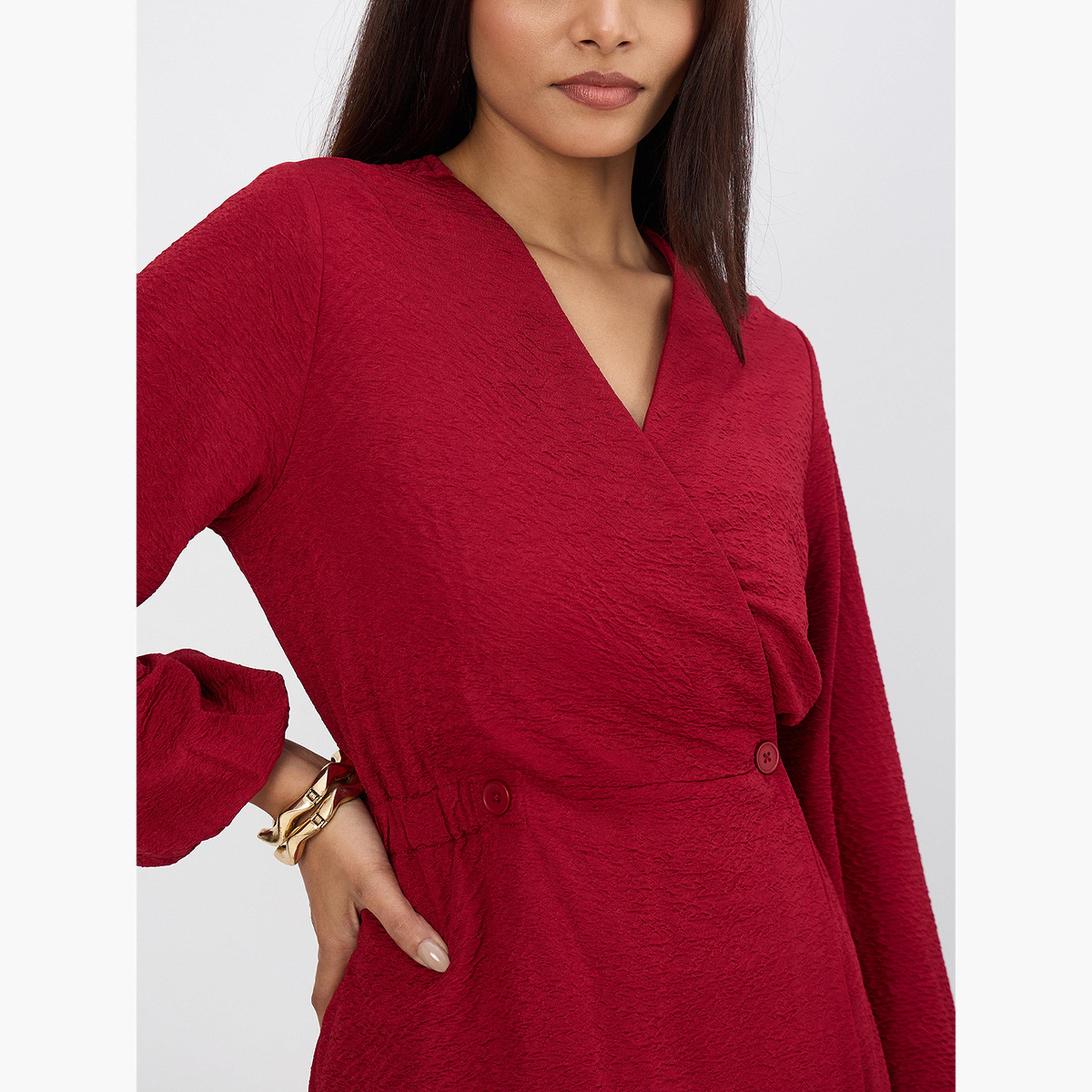 طقم منسق من بنطال وبلوزة بنمط لف وتفاصيل بارزة الملمس-women-clothing-coordsets-image-6