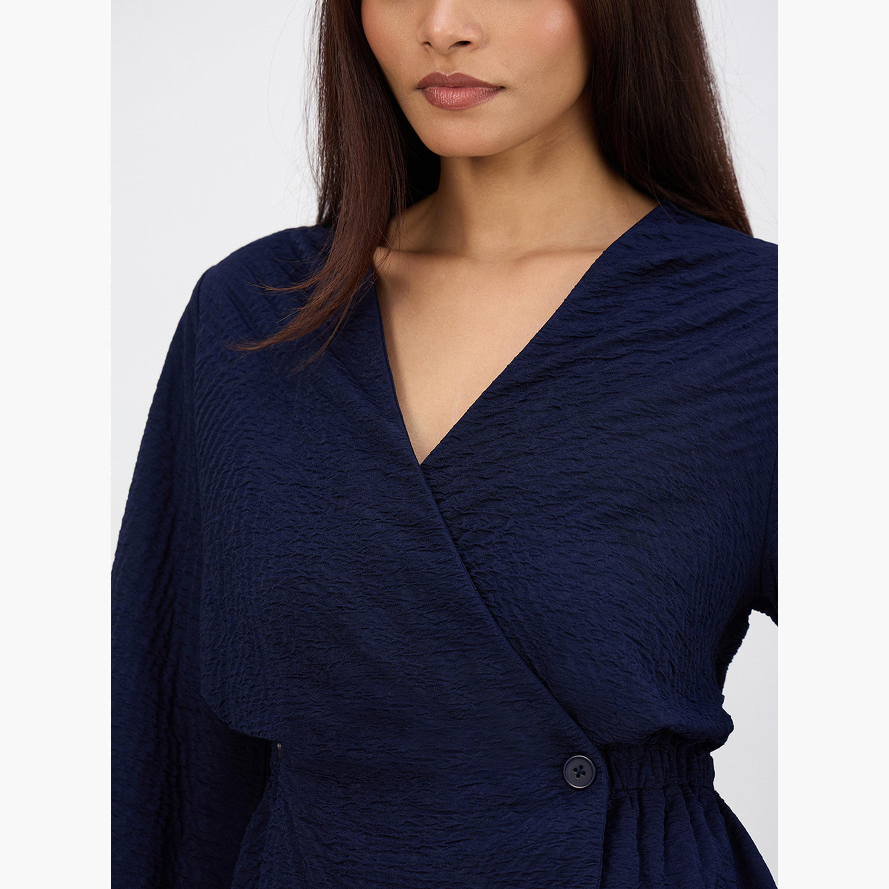 طقم منسق من بنطال وبلوزة بنمط لف بارزة الملمس-women-clothing-coordsets-image-6
