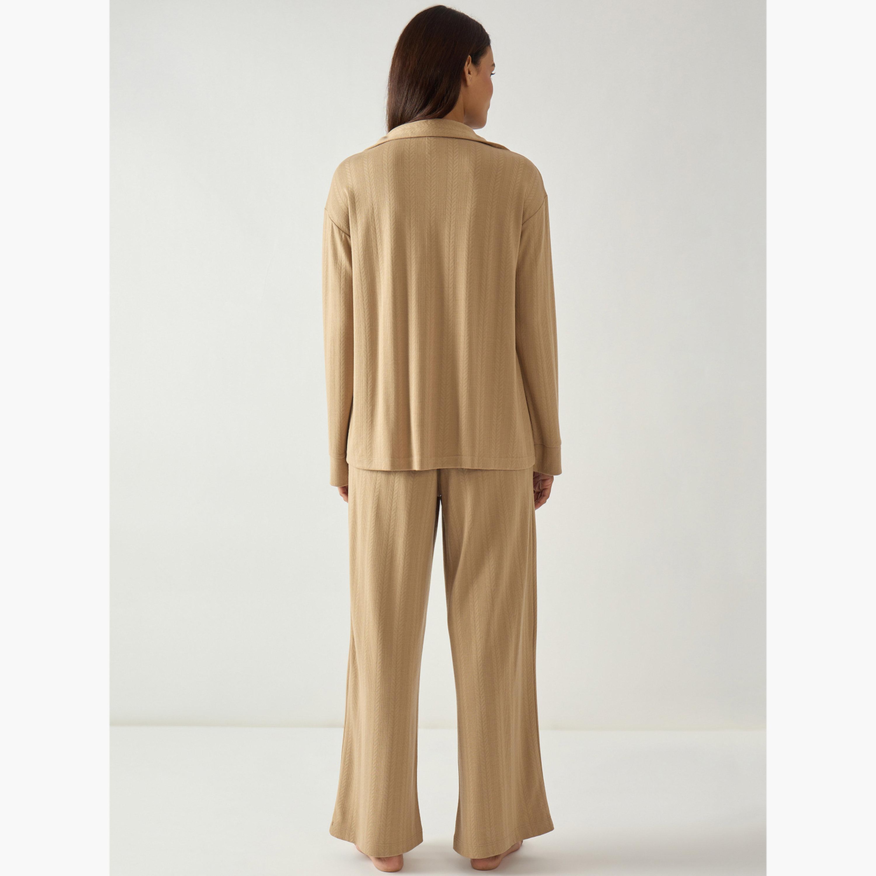 طقم ملابس منزلية قميص وبنطلون جيرسيه بنسيج بارز-women-clothing-nightwear-pyjamas-longsets-image-2